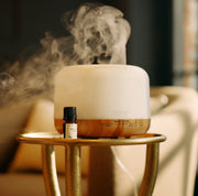 Diffuser by the 'Olive Branch' with steam rising on a table in a room setting