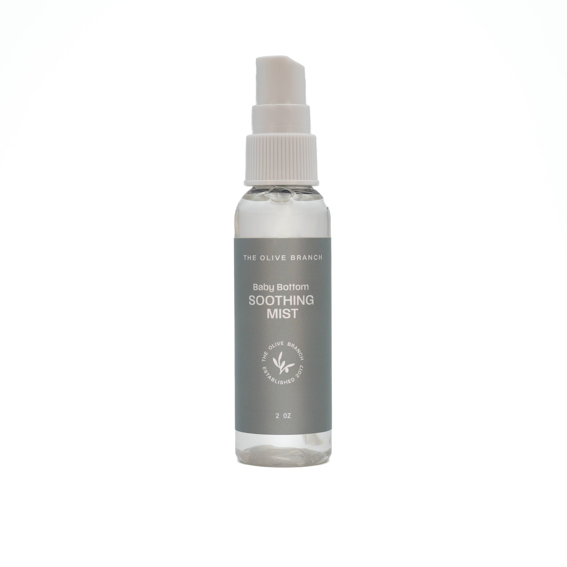 Baby bottom soothing mist bottle with gray label on white background