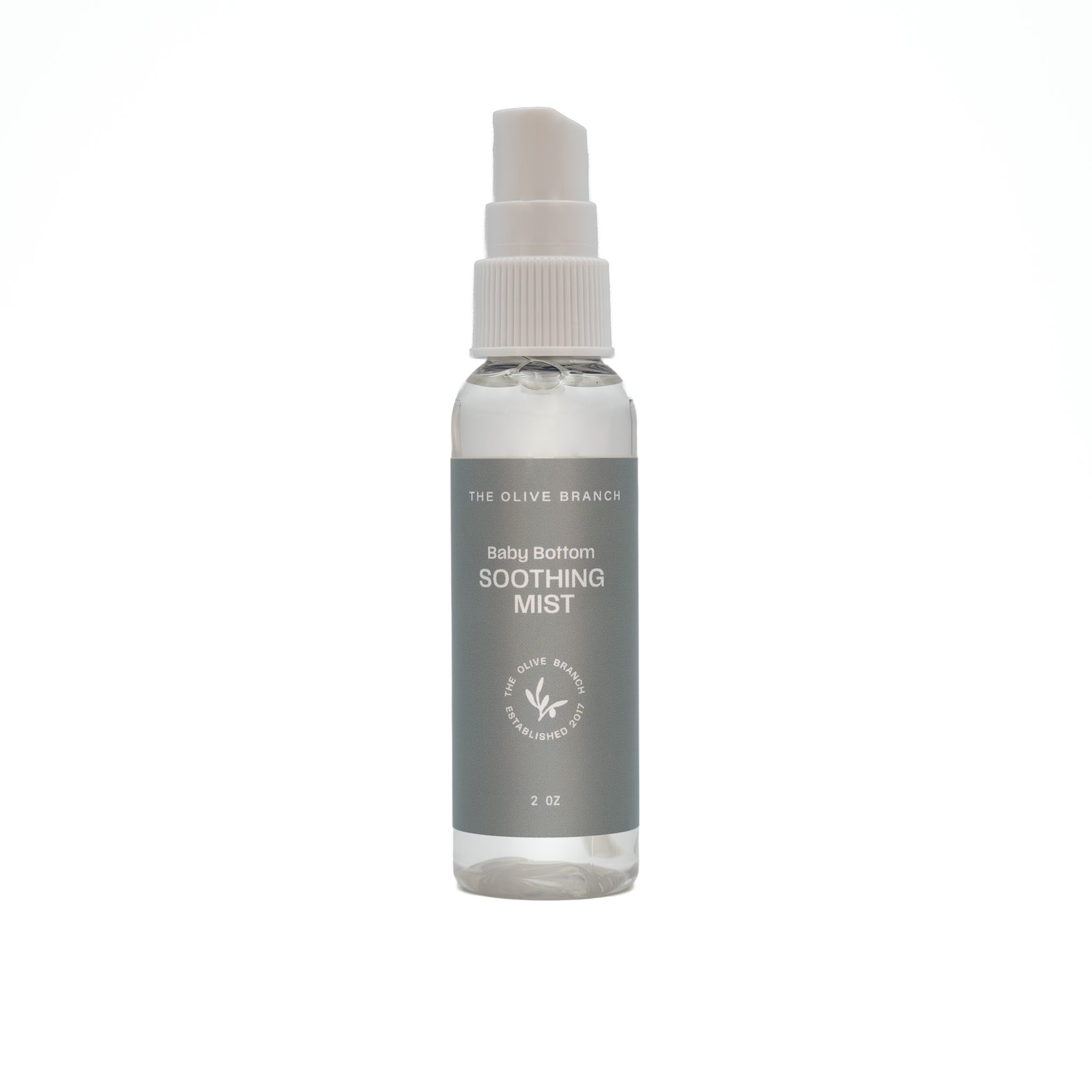 Baby bottom soothing mist bottle with gray label on white background