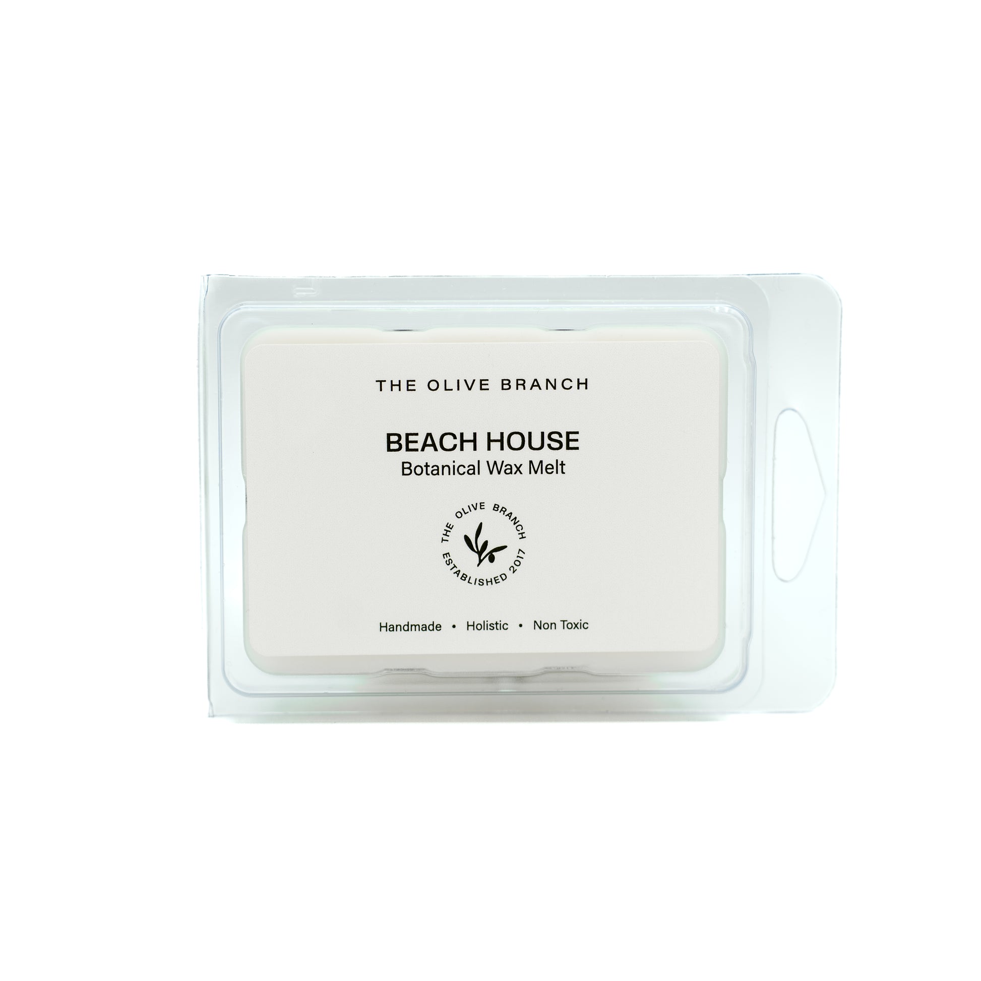Beach House botanical wax melt packaging from The Olive Branch on a white background
