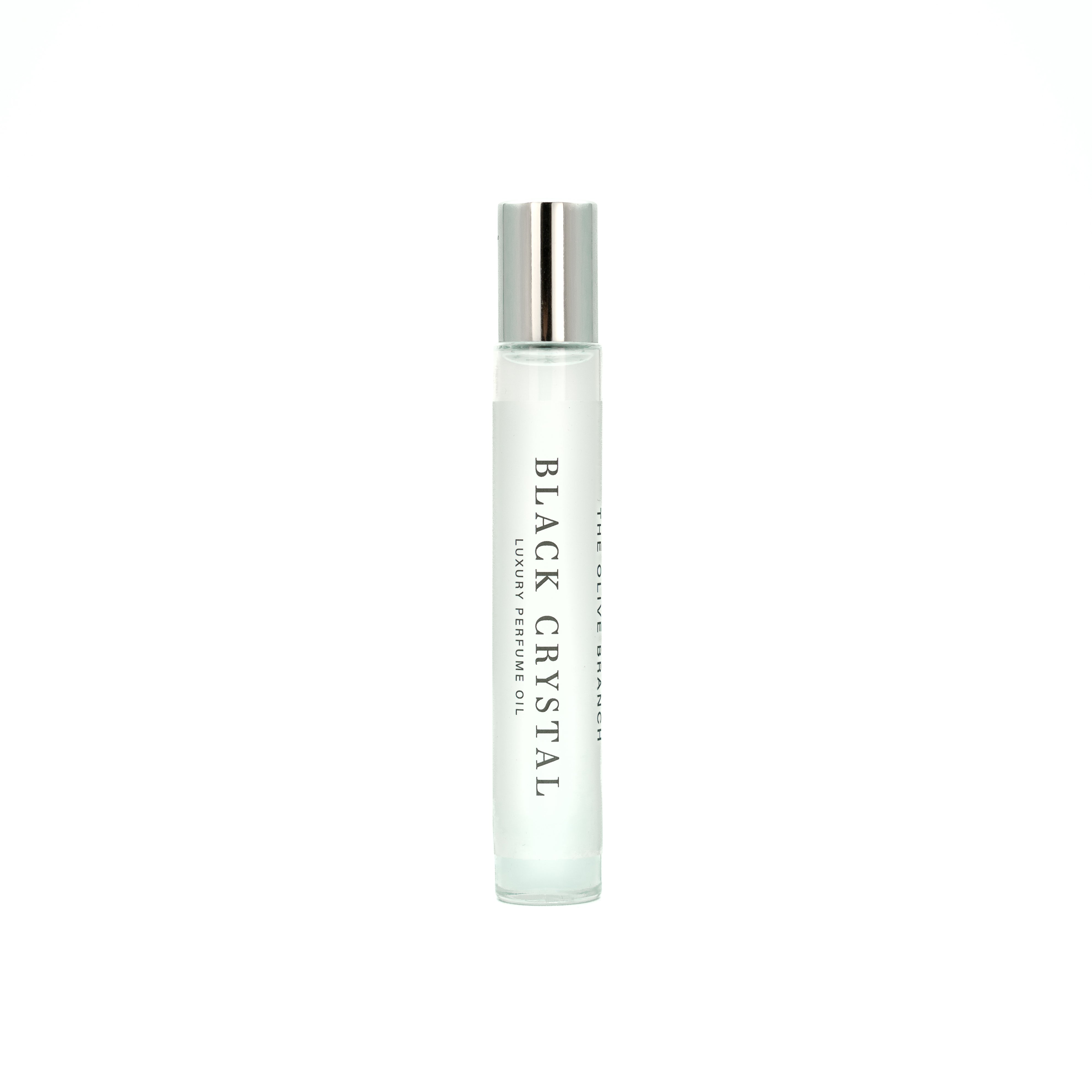 Luxury perfume oil name 'Black Crystal" on a white background 