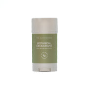 Botanical deodorant stick with 'The Olive Branch' branding on a white background