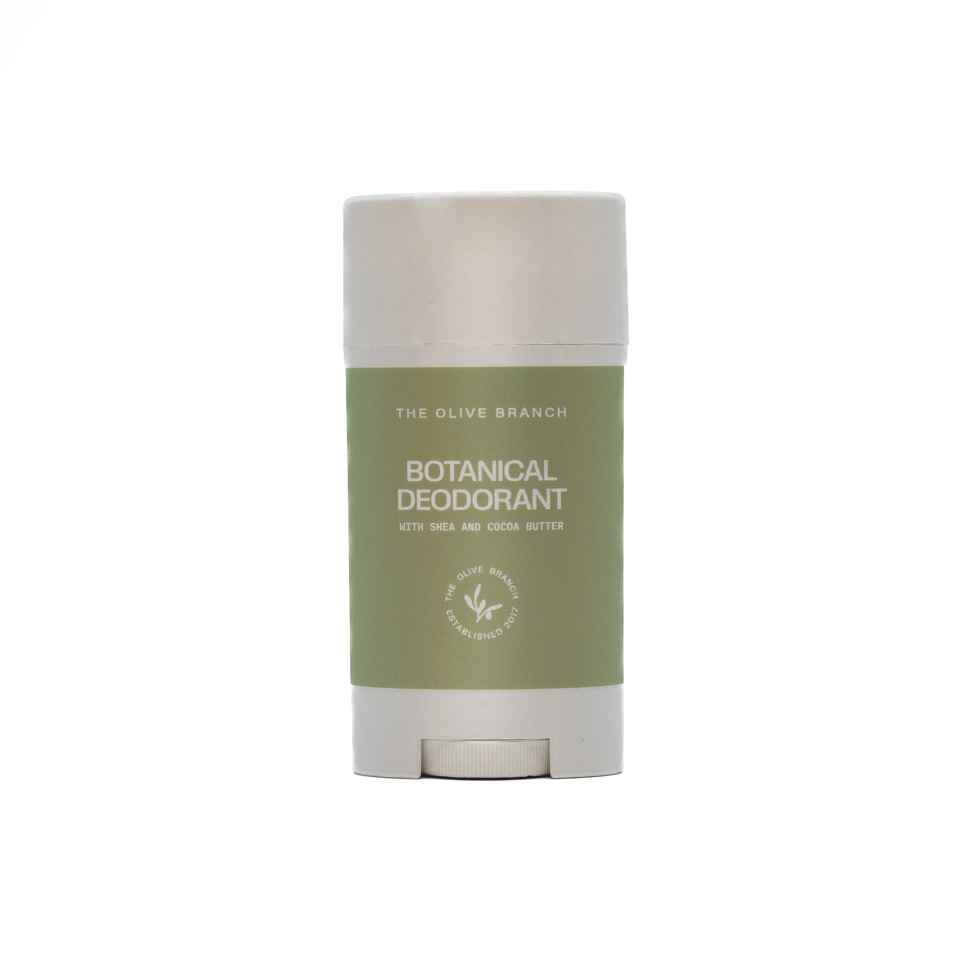 Botanical deodorant stick with 'The Olive Branch' branding on a white background
