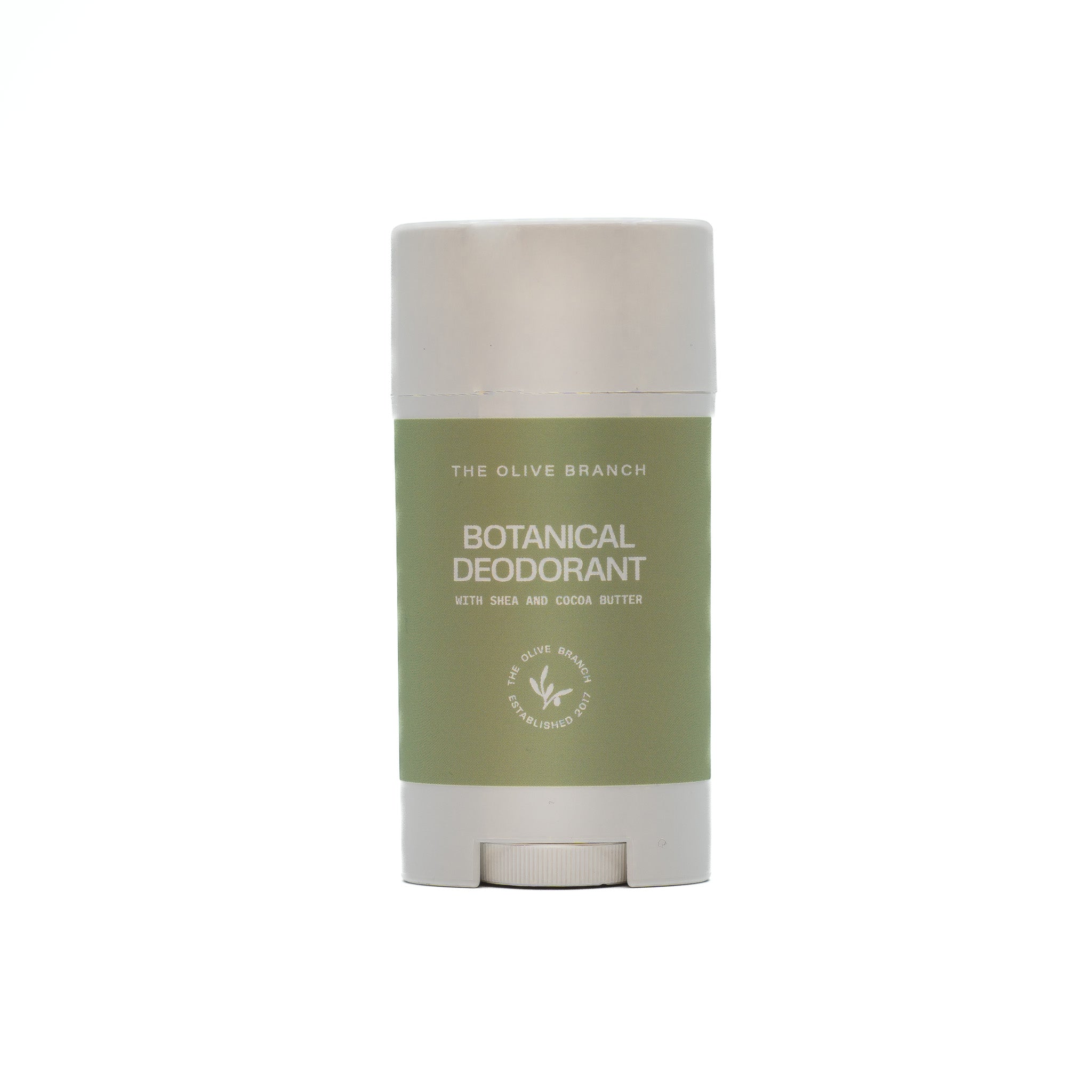 Botanical deodorant stick with 'The Olive Branch' branding on a white background