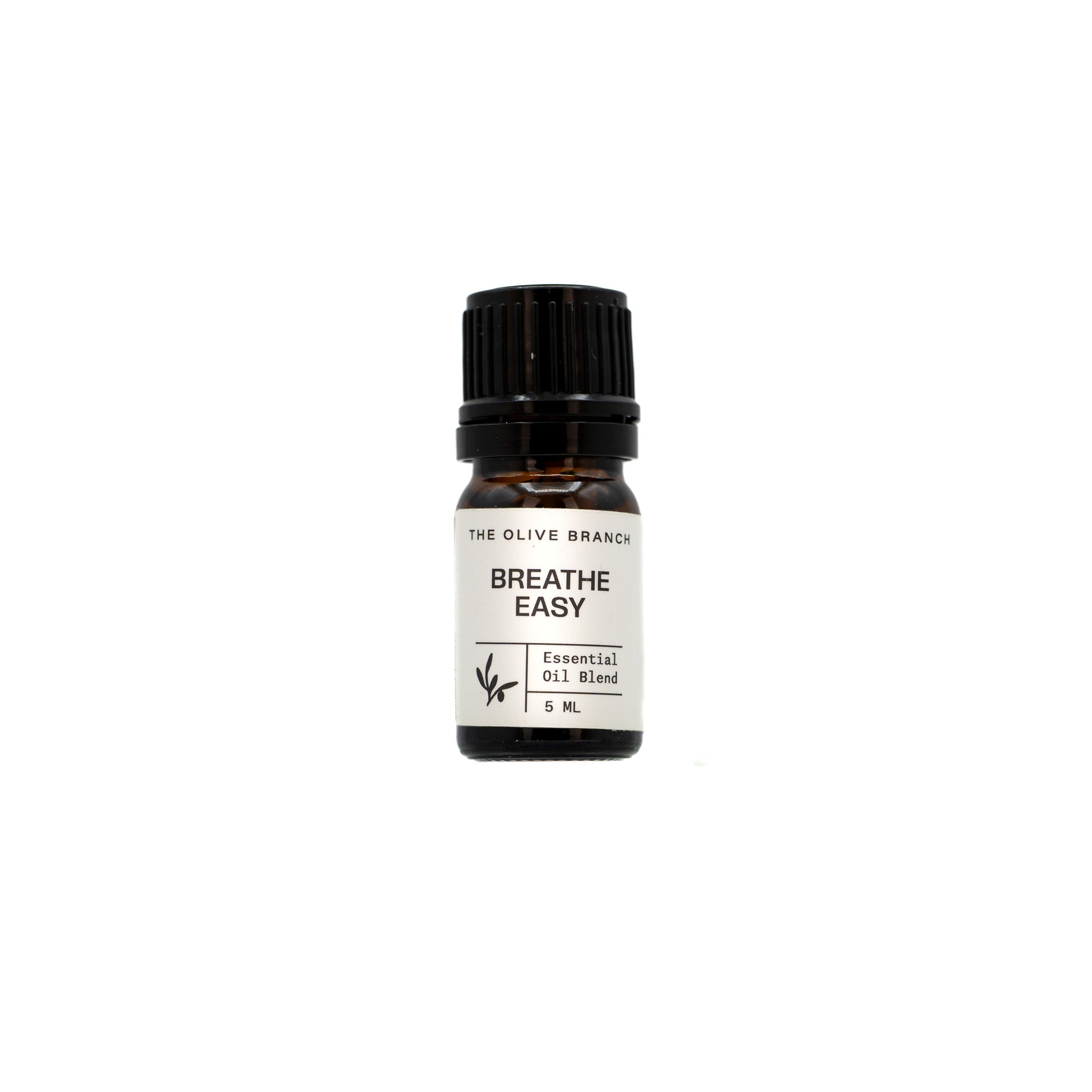 Bottle of 'Breathe Easy' essential oil blend by The Olive Branch on a white background