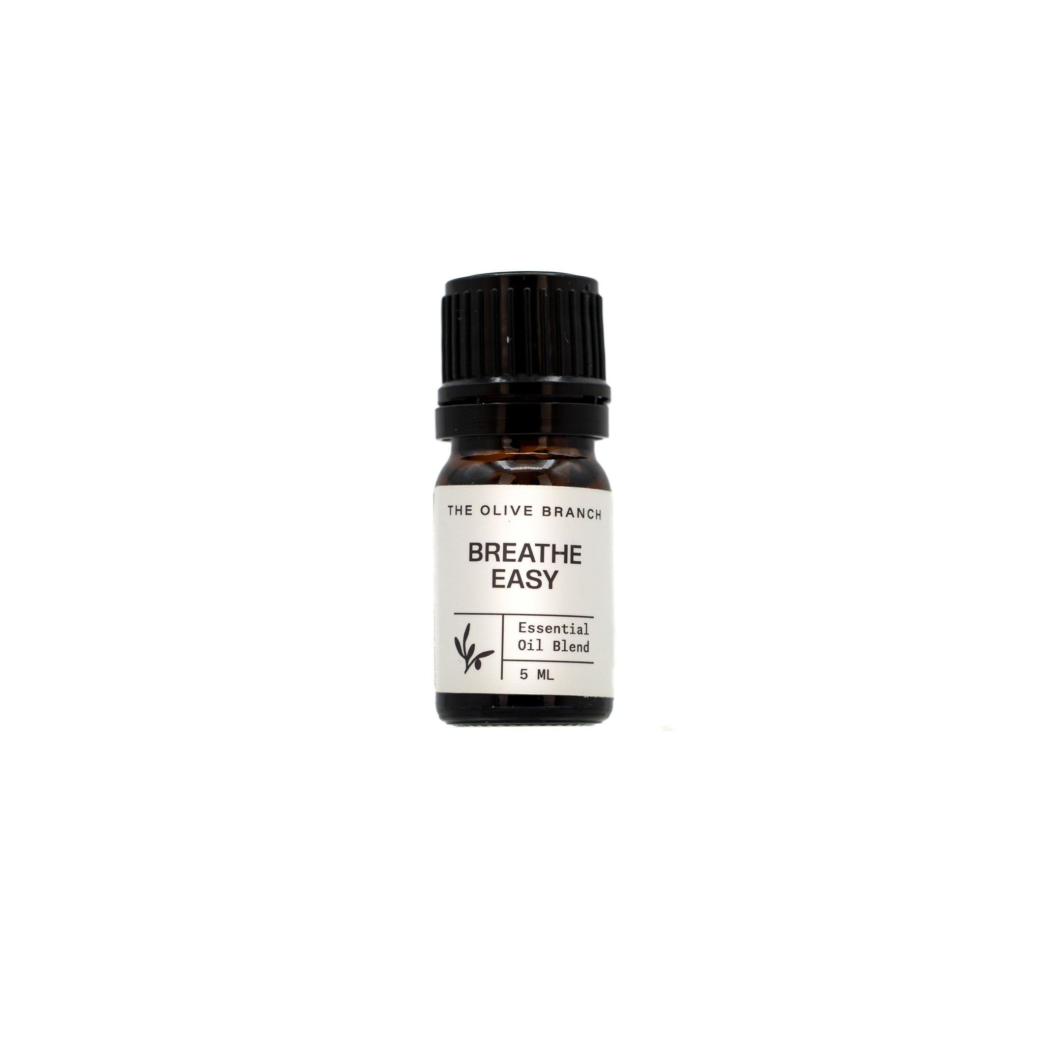 Bottle of 'Breathe Easy' essential oil blend by The Olive Branch on a white background