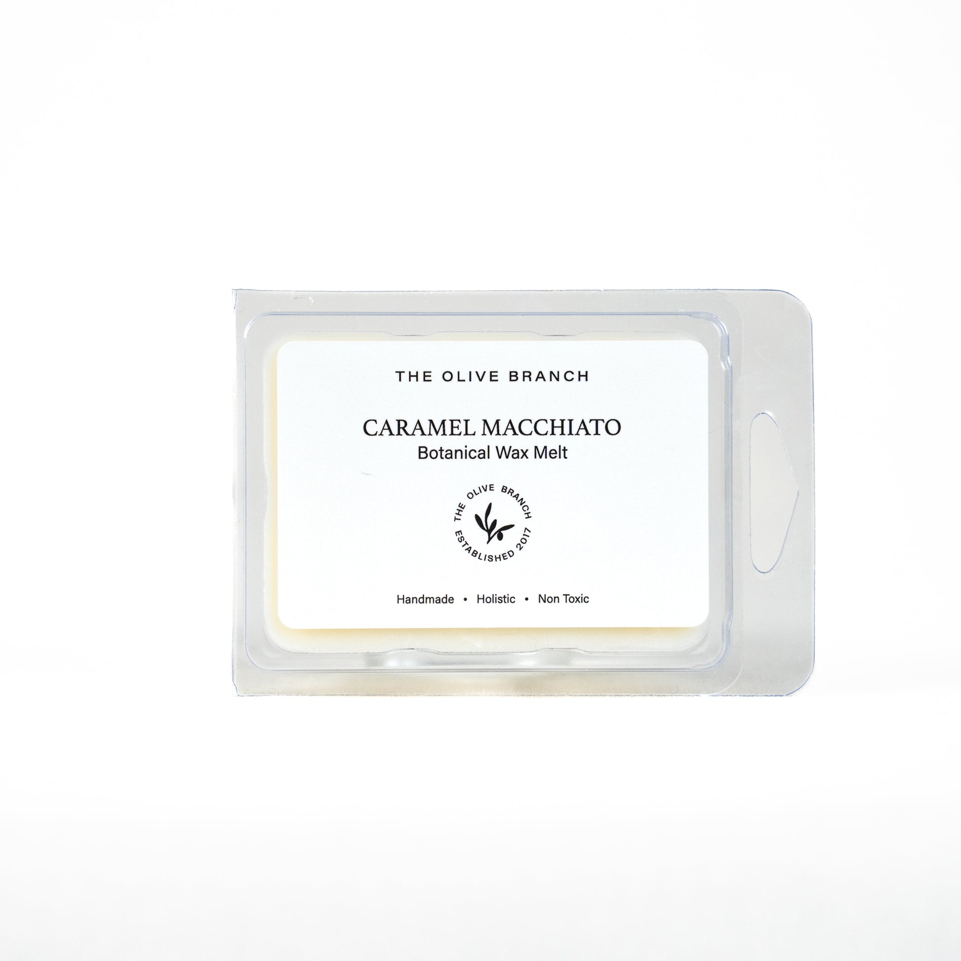 Caramel Macchiato botanical wax melt packaging from The Olive Branch on a white background