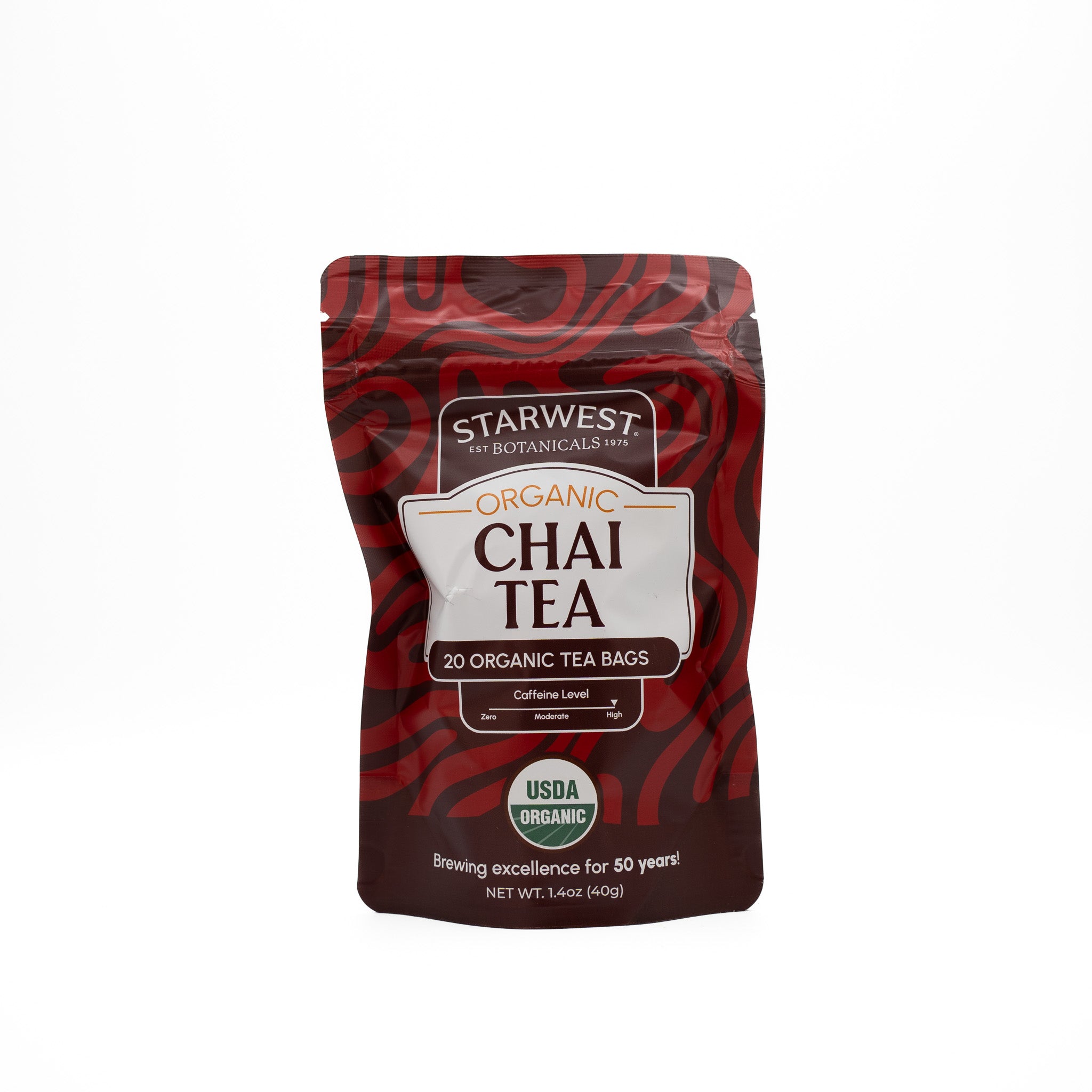 Starwest Botanicals Organic Chai Tea package on a white background