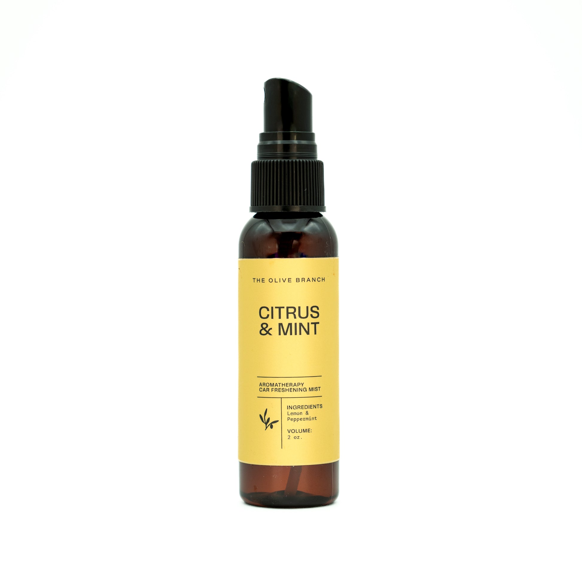 Bottle of 'Citrus & Mint' aromatherapy mist by The Olive Branch on a white background