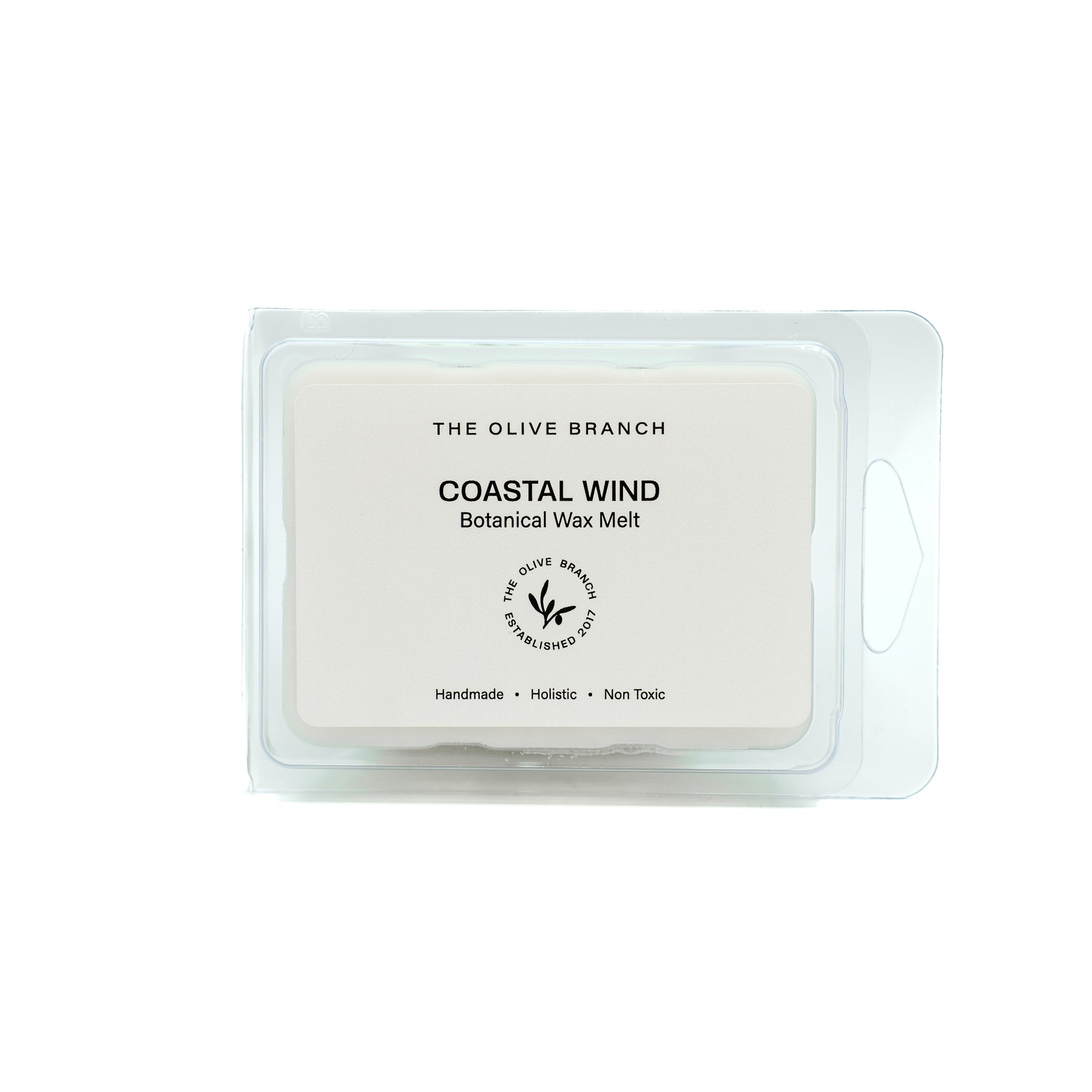 Coastal Wind botanical wax melt packaging from The Olive Branch on a white background