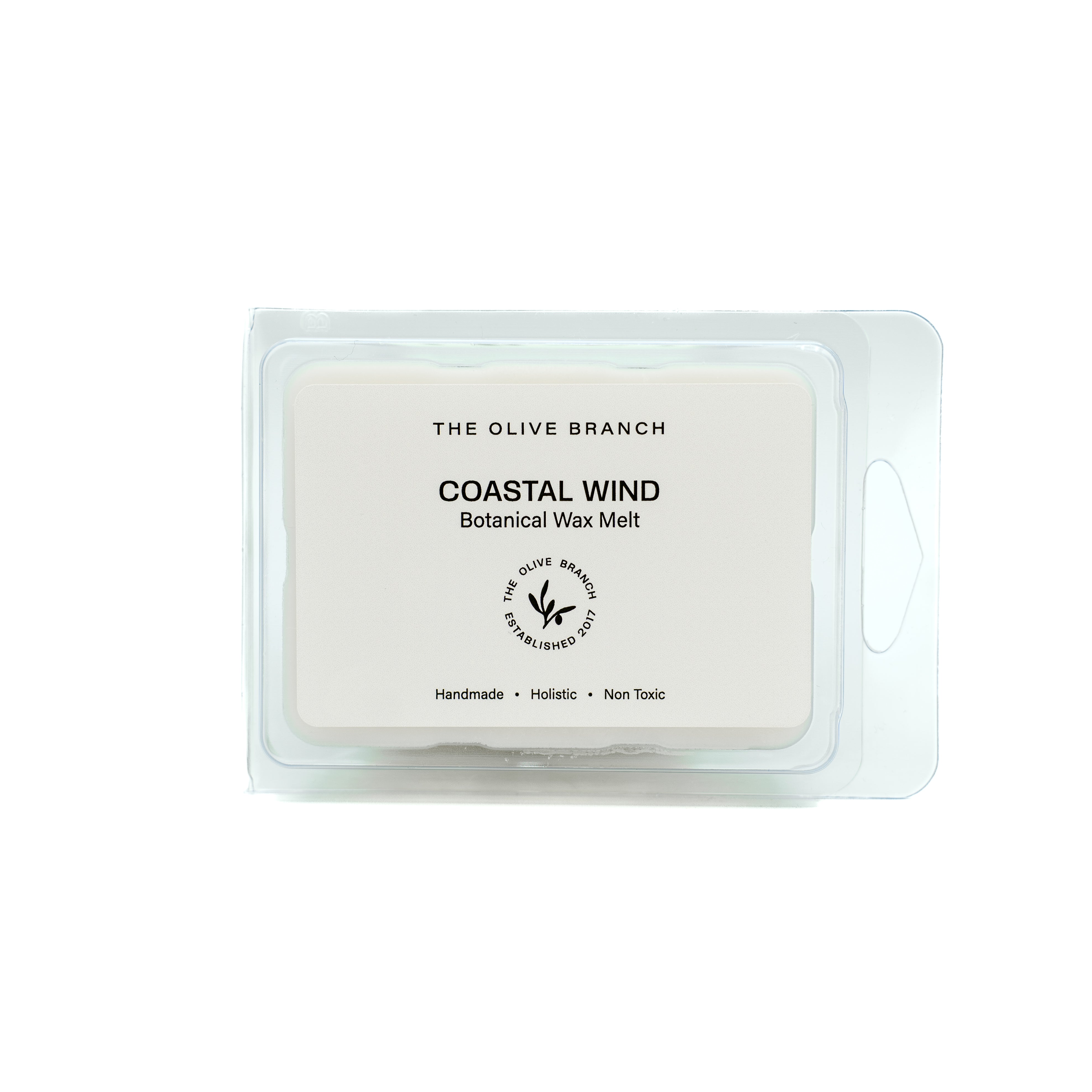 Coastal Wind botanical wax melt packaging from The Olive Branch on a white background