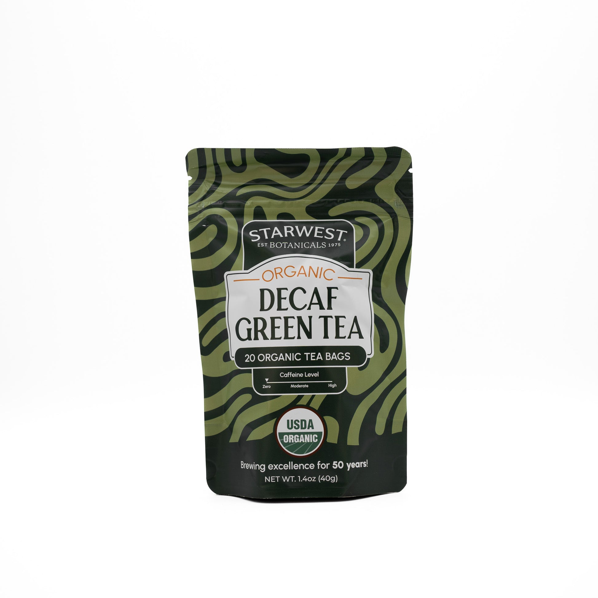 Starwest Botanicals Decaf Green Tea package on a white background