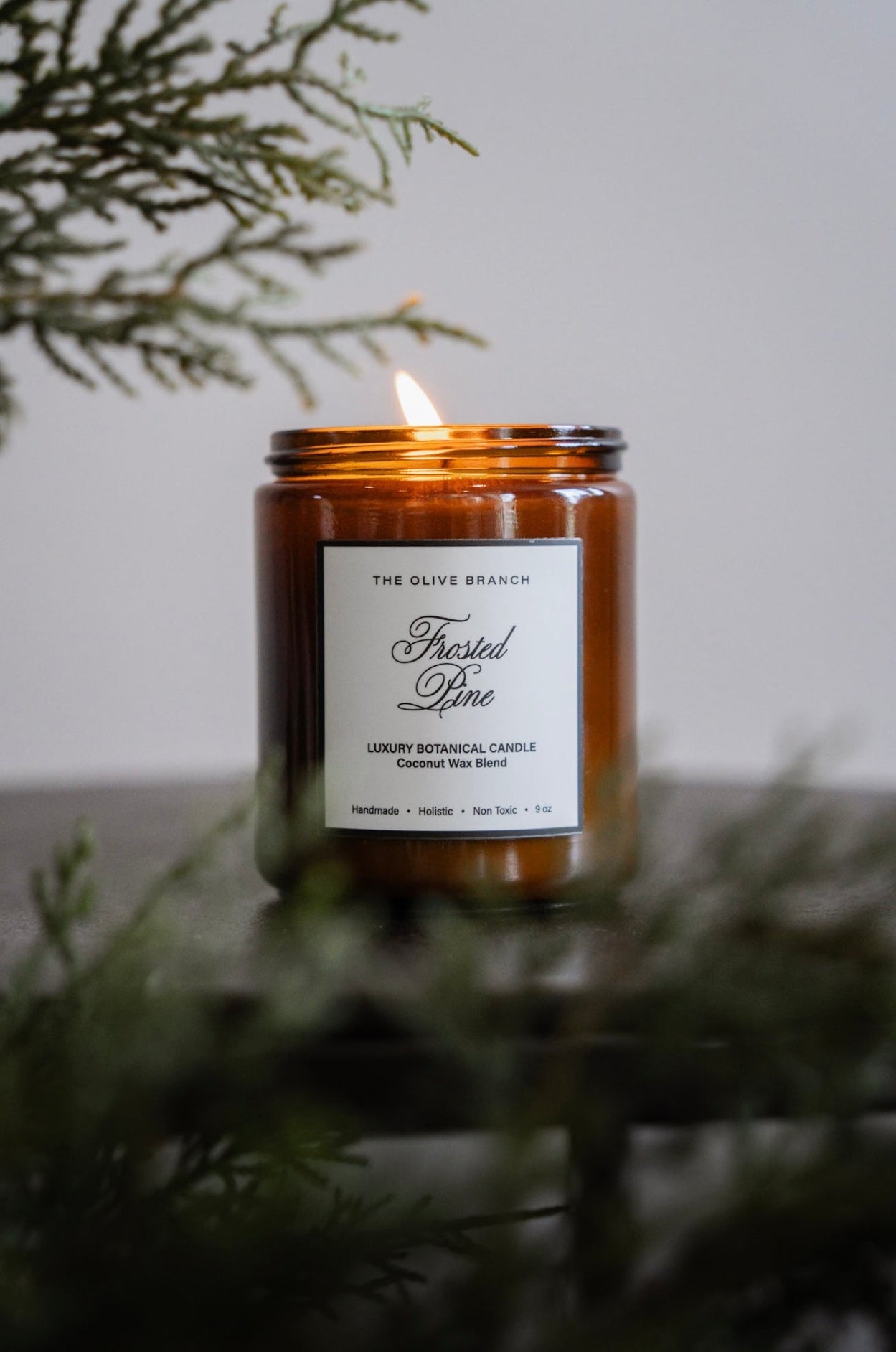 Candle labeled 'Frosted pine' in front of green foliage