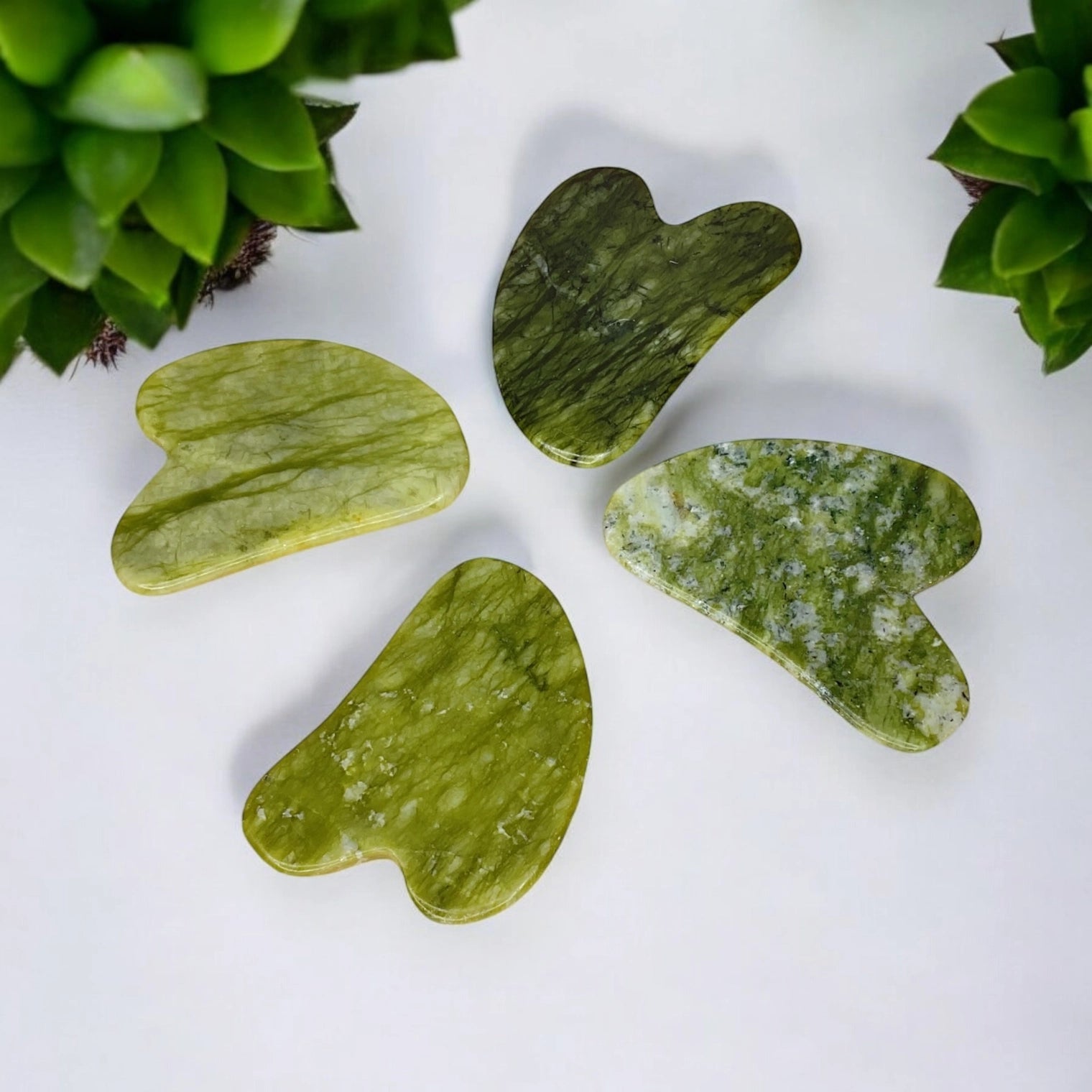 A collection of green jade gua sha stones of various shades, displayed against a white background with some green leaves at the top.