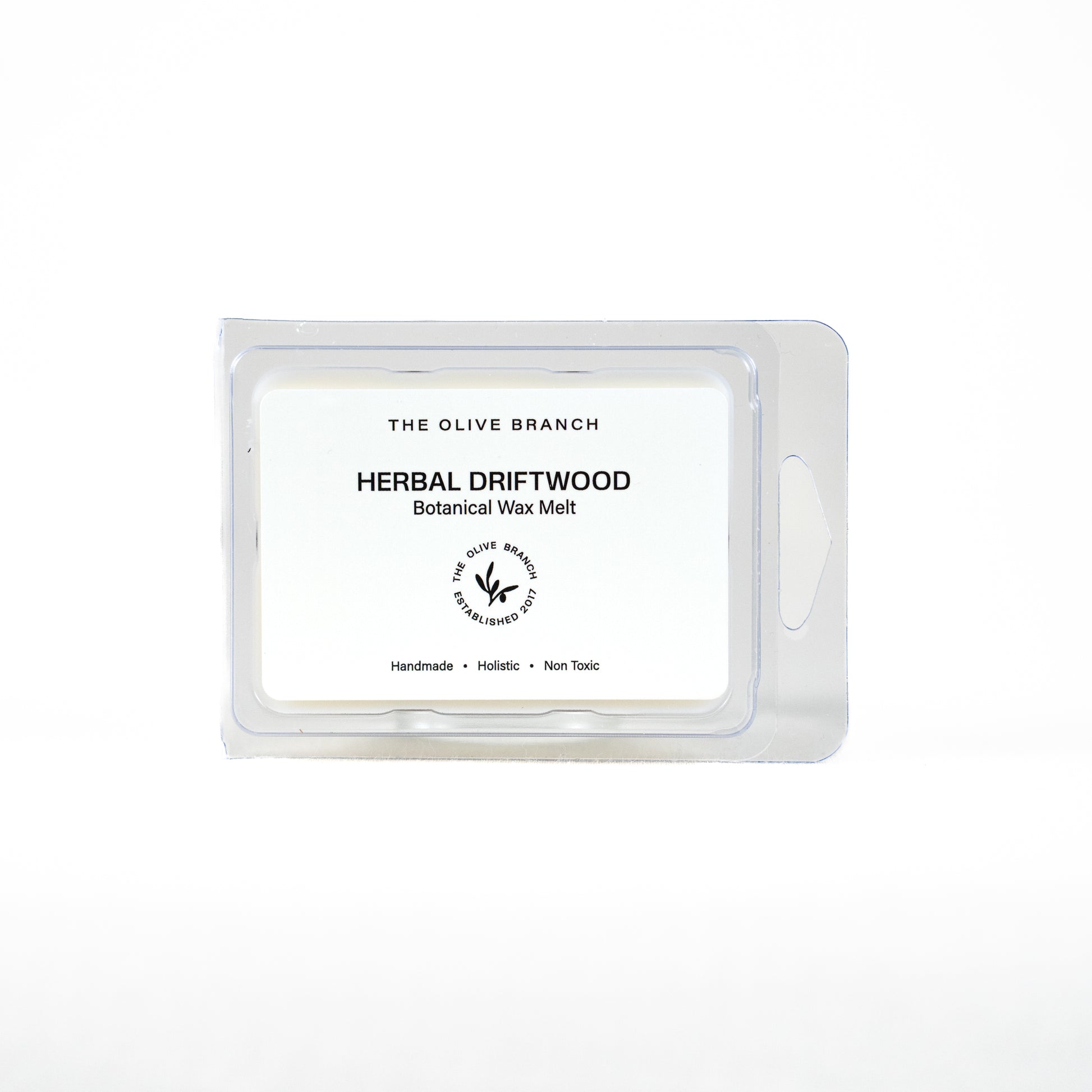 Herbal Driftwood wax melt packaging with 'The Olive Branch' branding on a white background