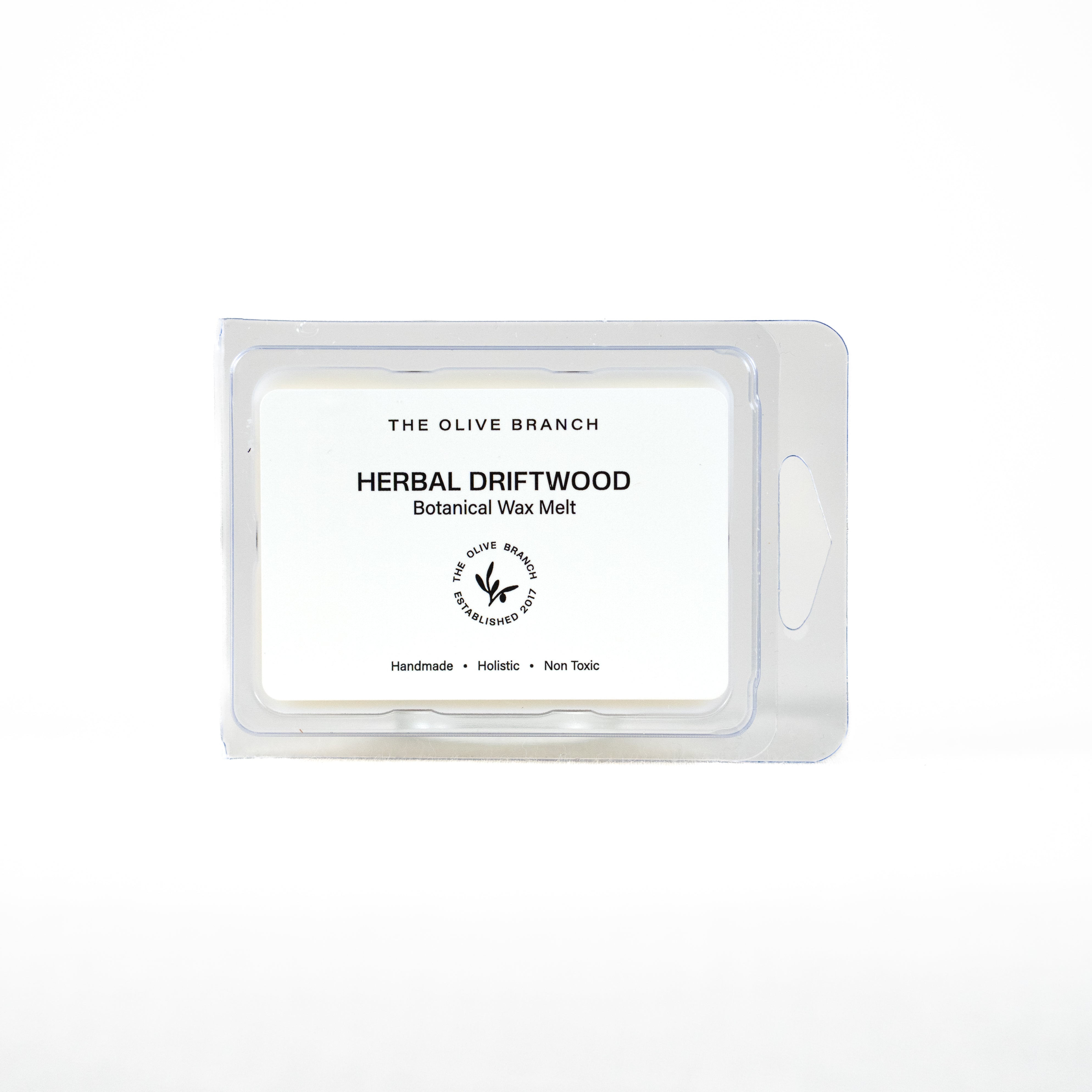 Herbal Driftwood wax melt packaging with 'The Olive Branch' branding on a white background