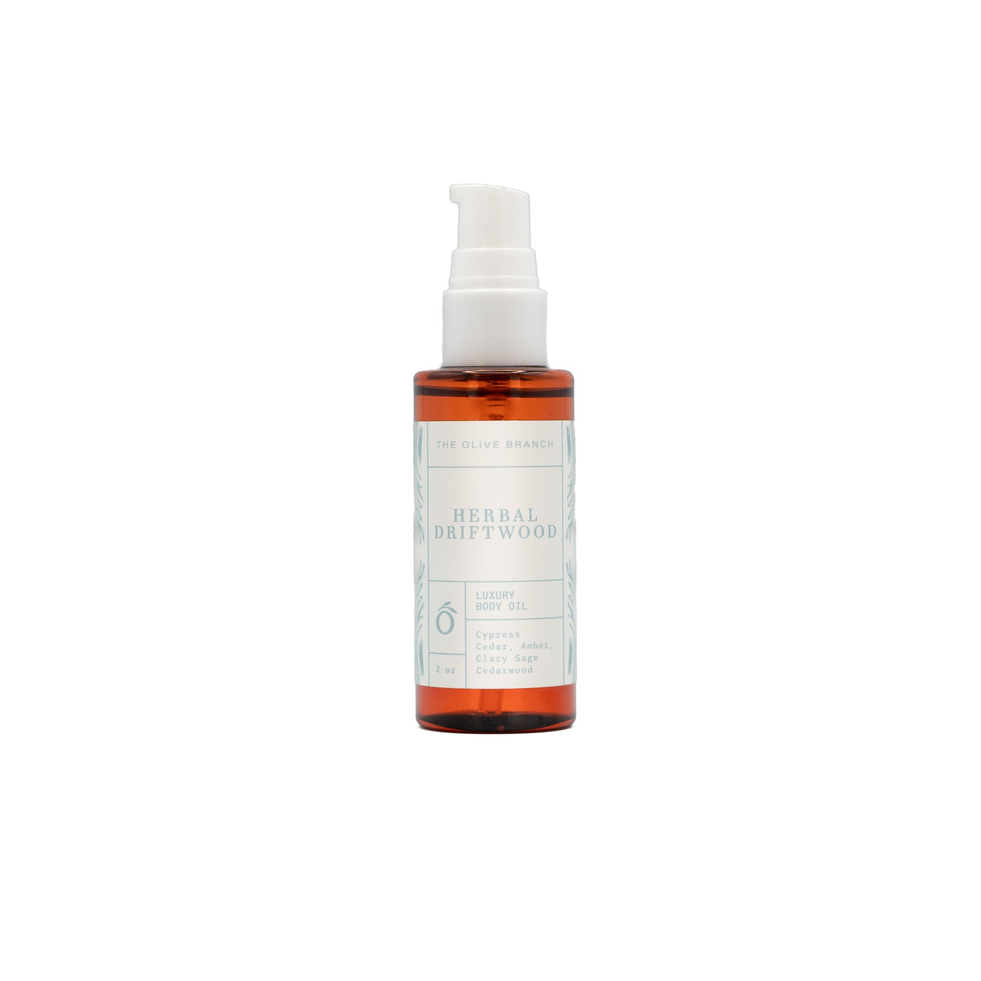 Herbal Driftwood luxury body oil bottle on a white background