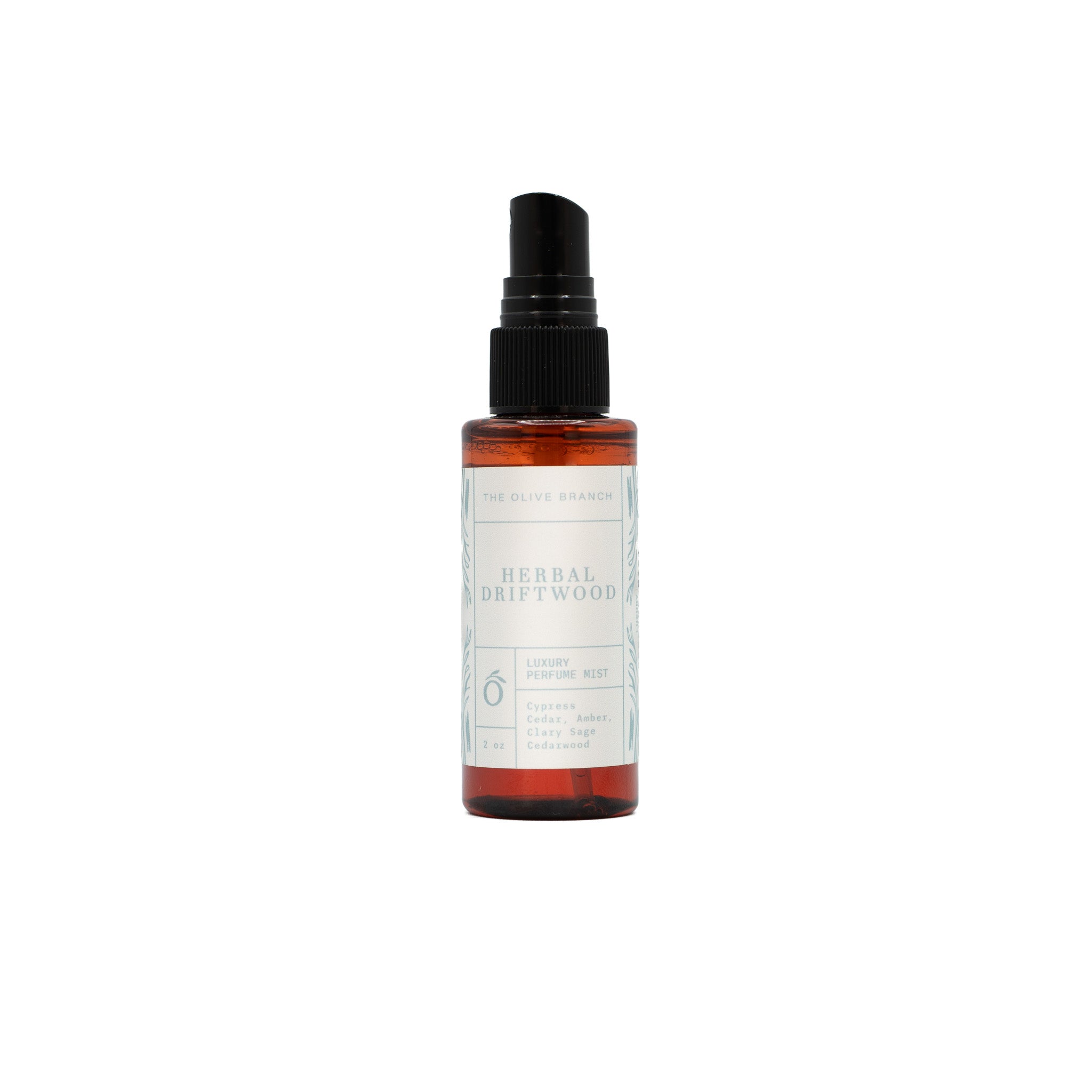 Herbal driftwood perfume bottle on a white background 