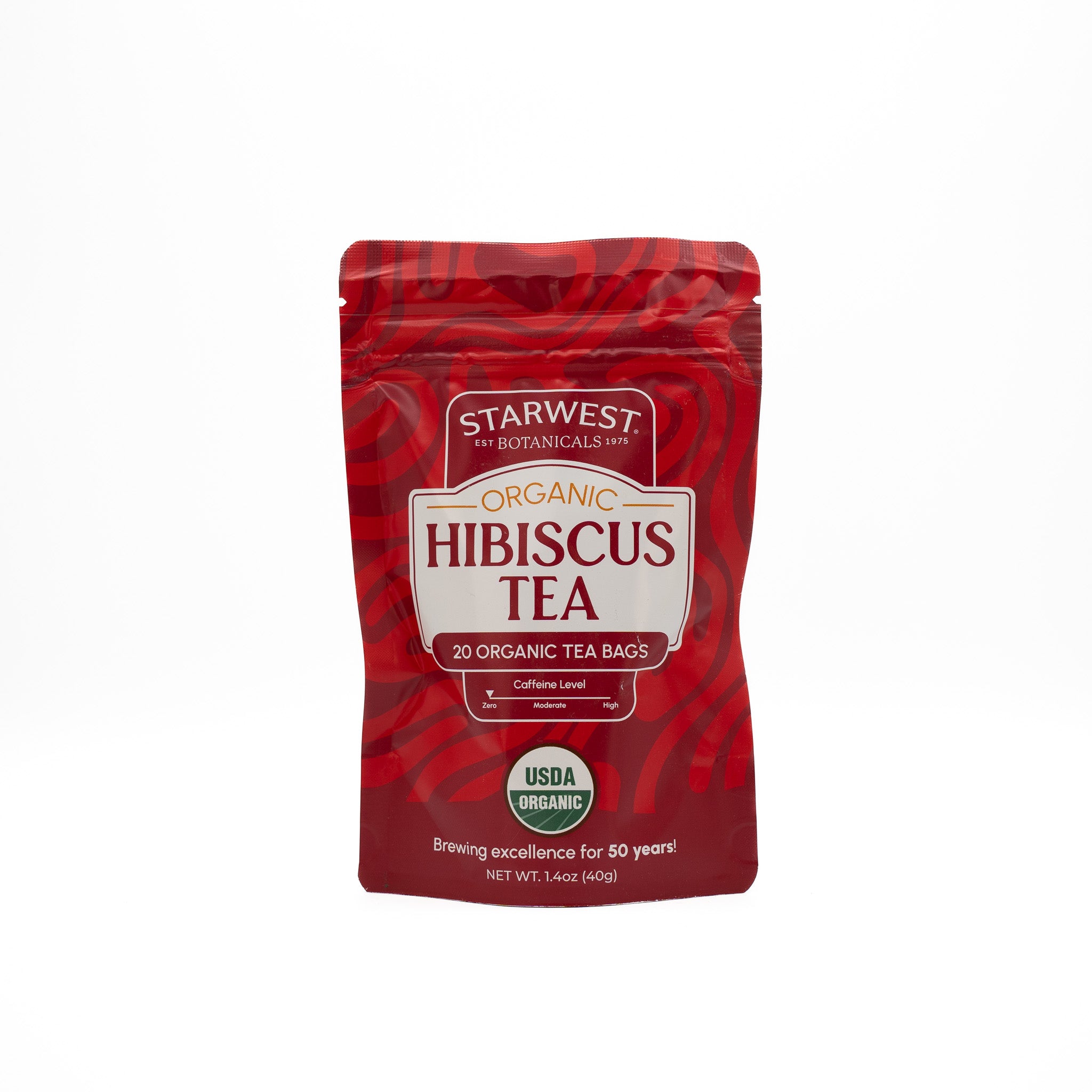 Red package of Starwest Botanicals Organic Hibiscus Tea on a white background