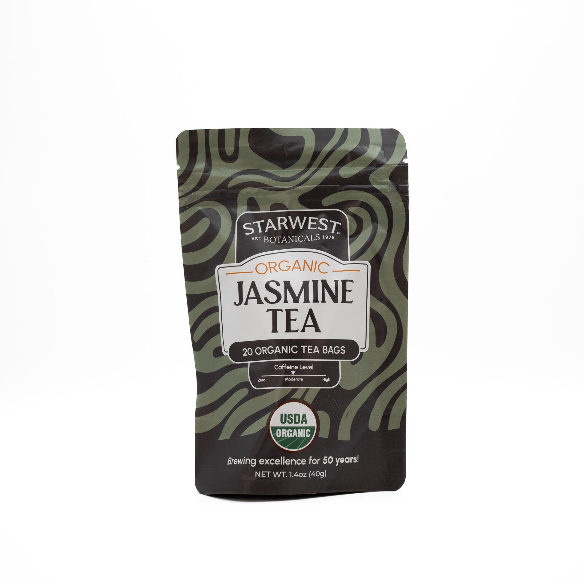 Starwest Botanicals Organic Jasmine Tea package on a white background