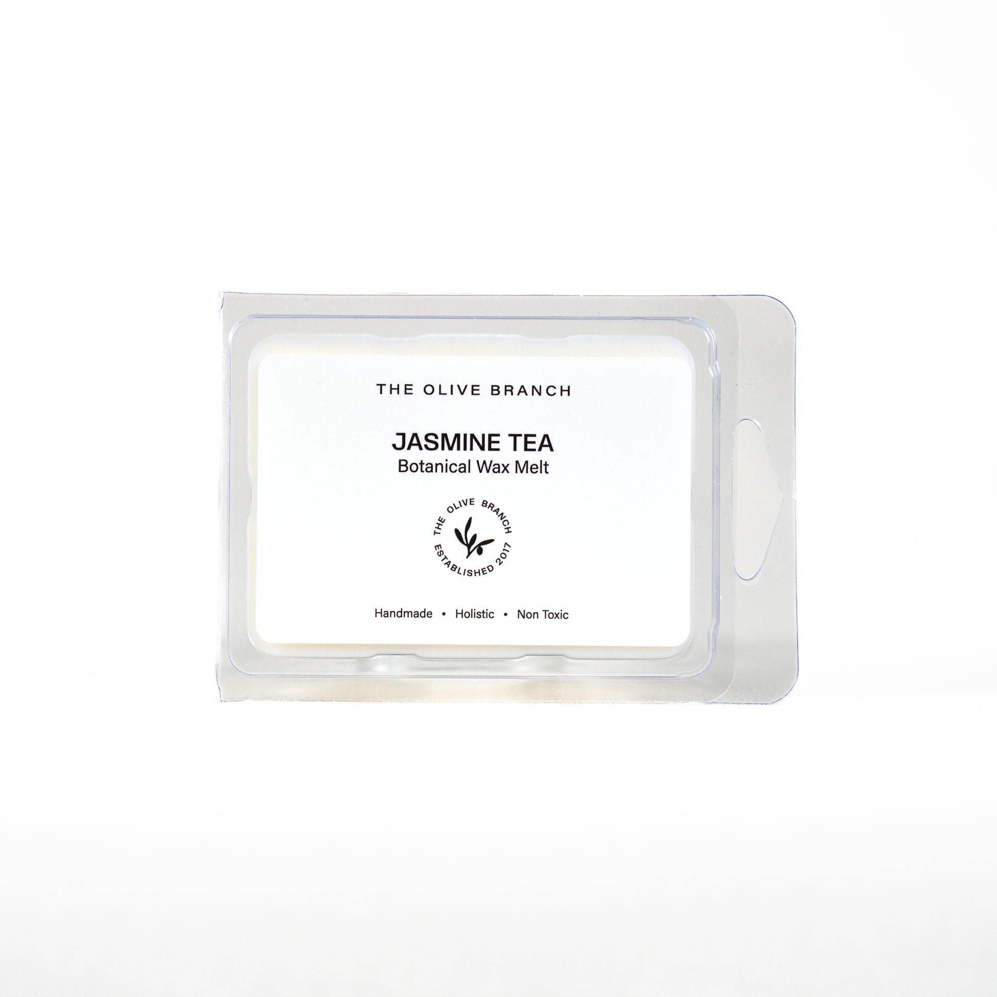 Jasmine Tea botanical wax melt packaging with 'The Olive Branch' branding on a white background