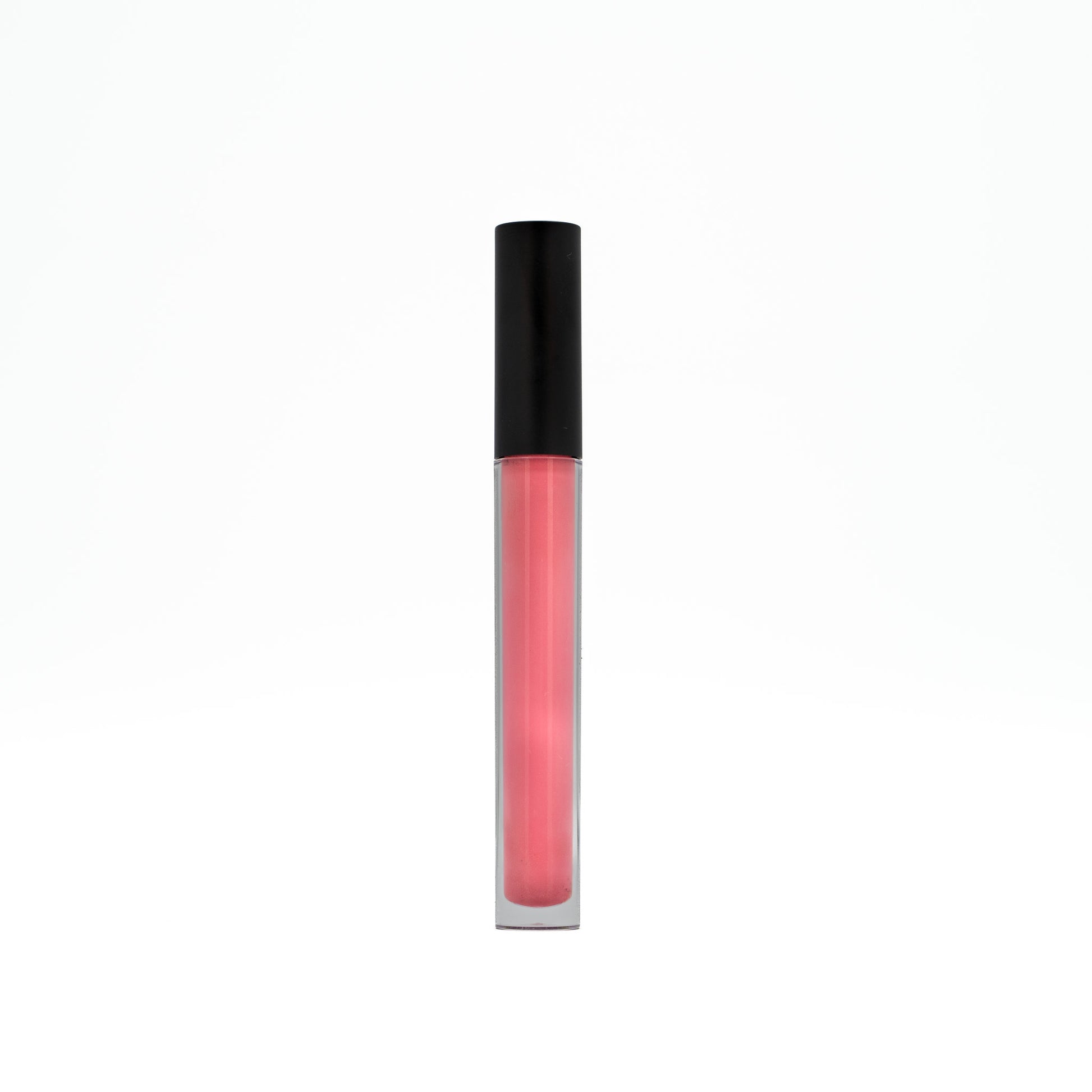 Pink lip gloss with black cap on a white background