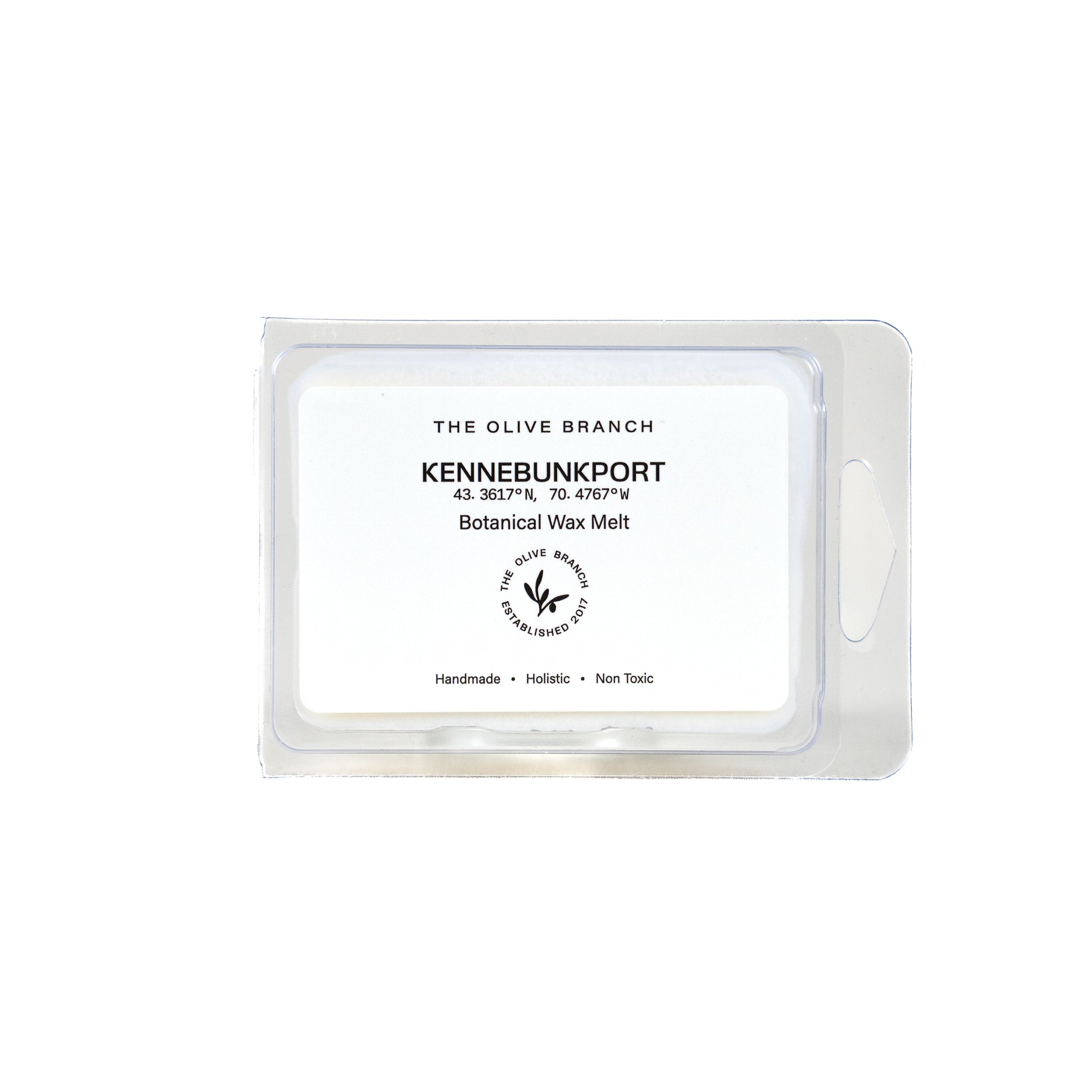 Botanical wax melt packaging with branding on a white background