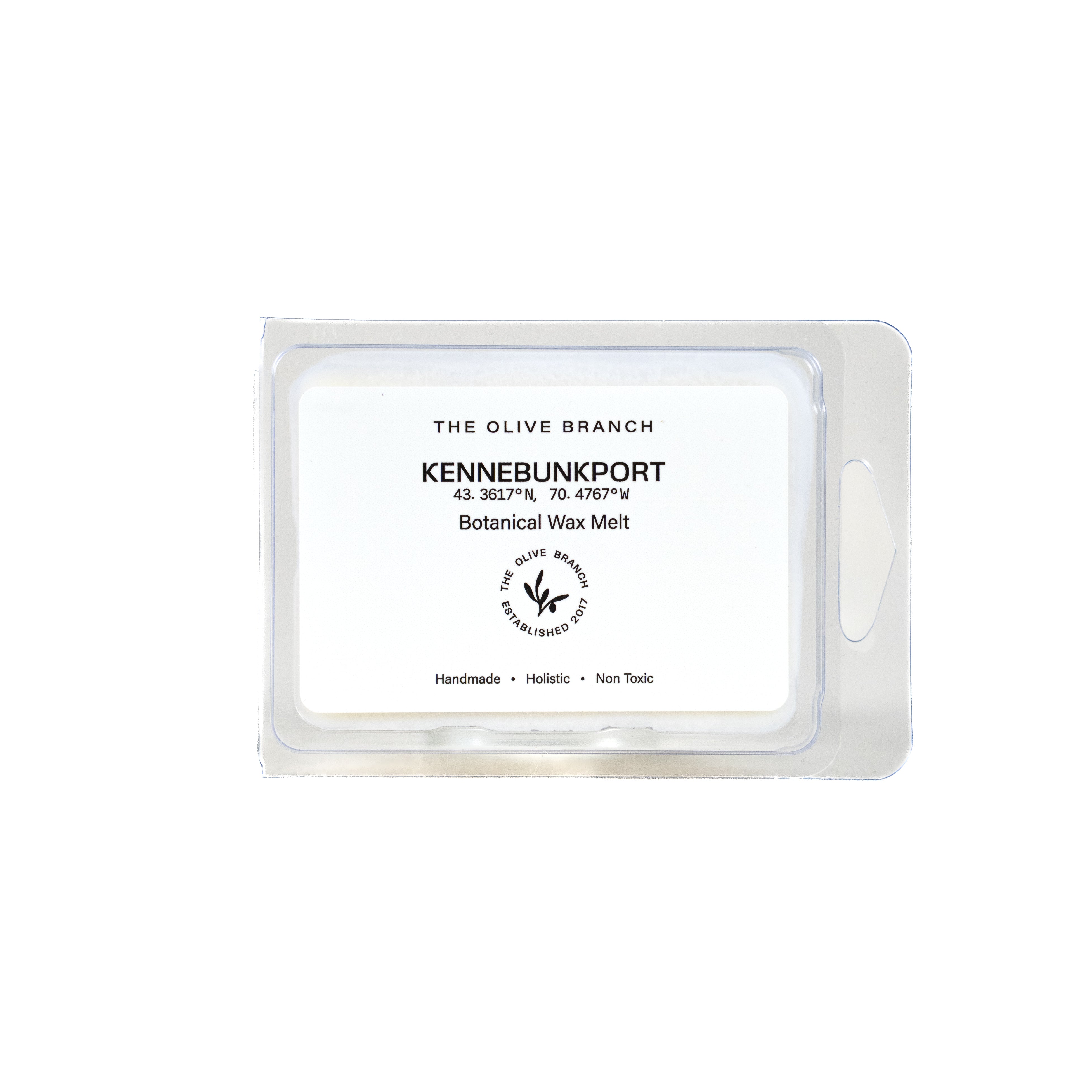 Botanical wax melt packaging with branding on a white background