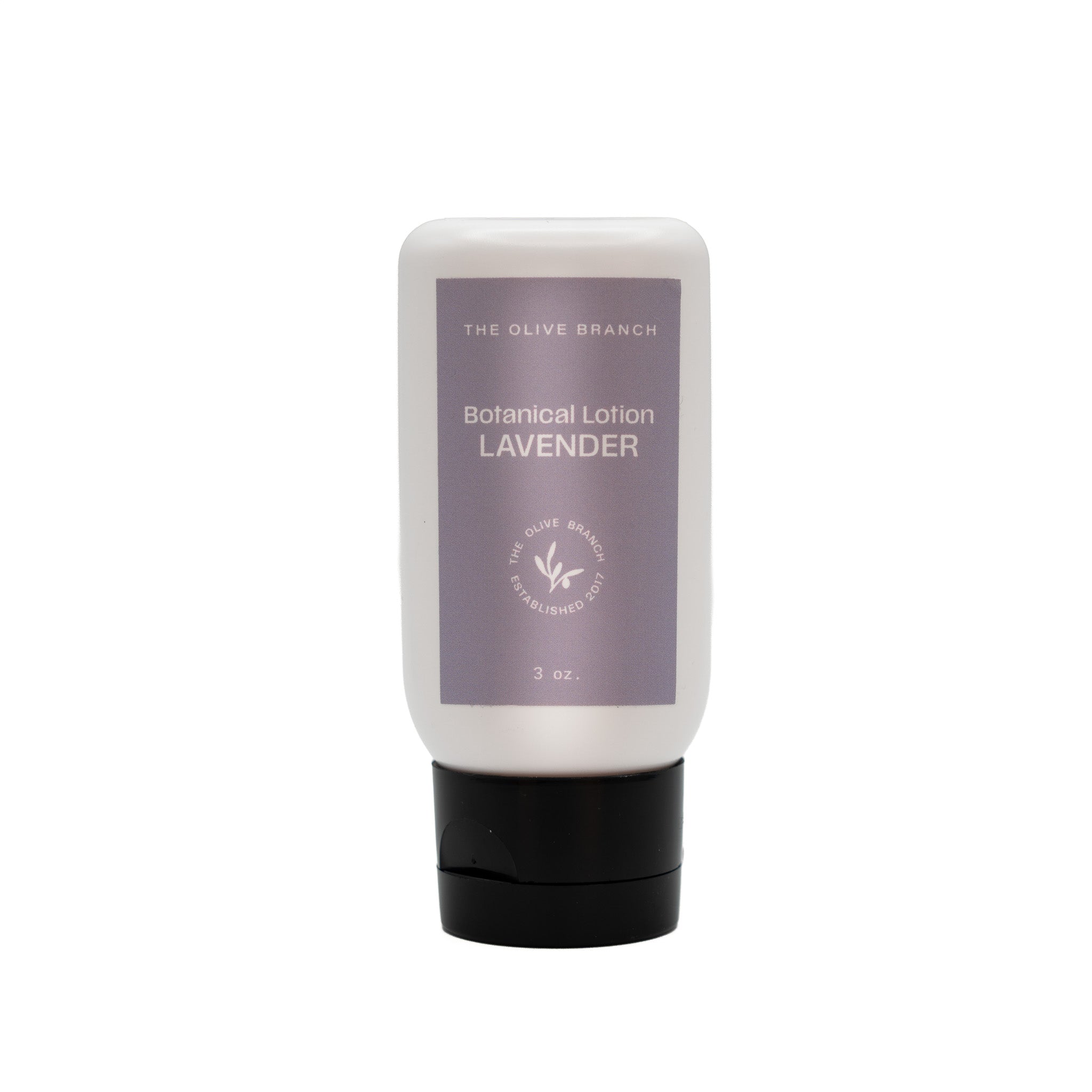 Lavender botanical lotion bottle with visible branding on a white background