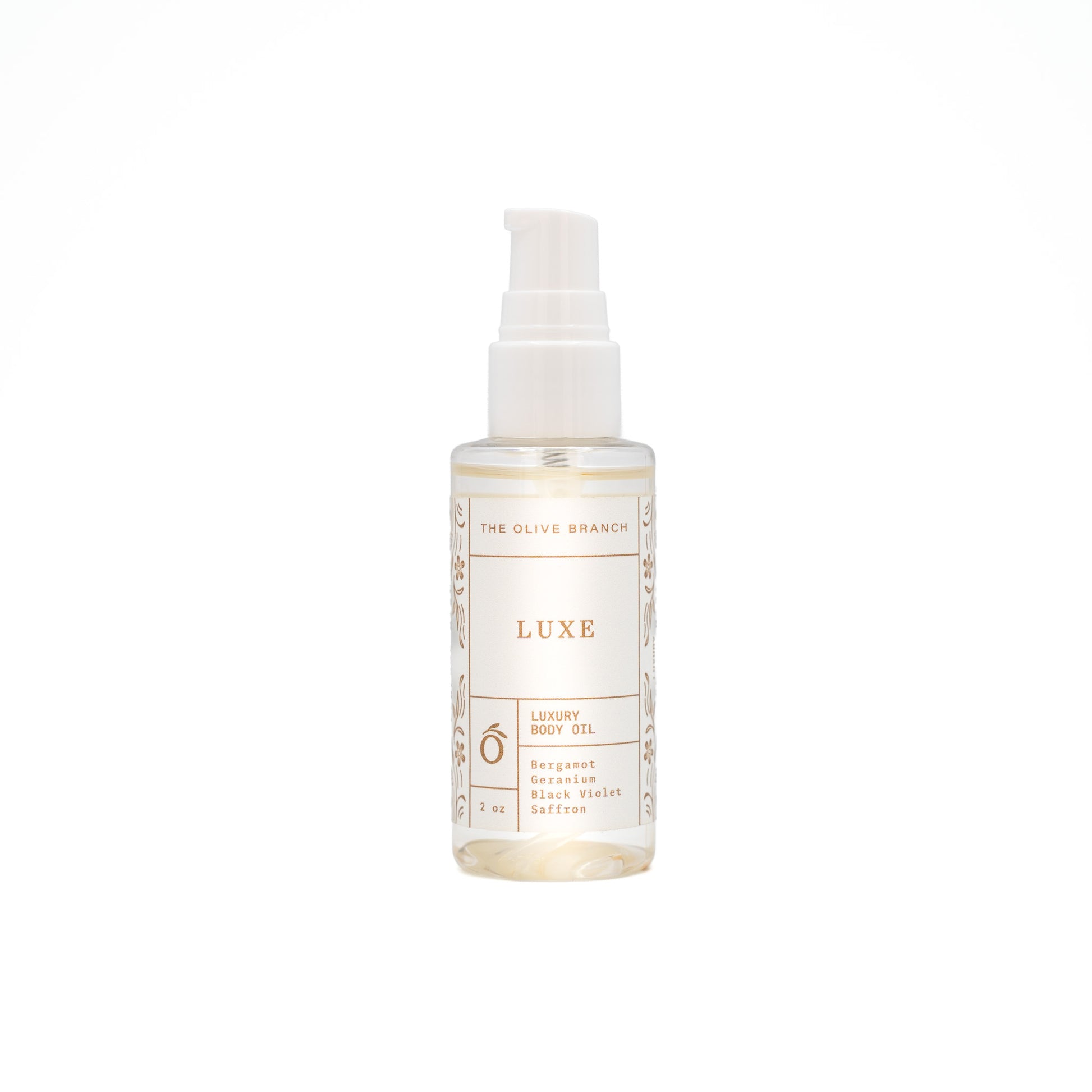 Luxury body oil bottle labeled 'LUXE' on a white background