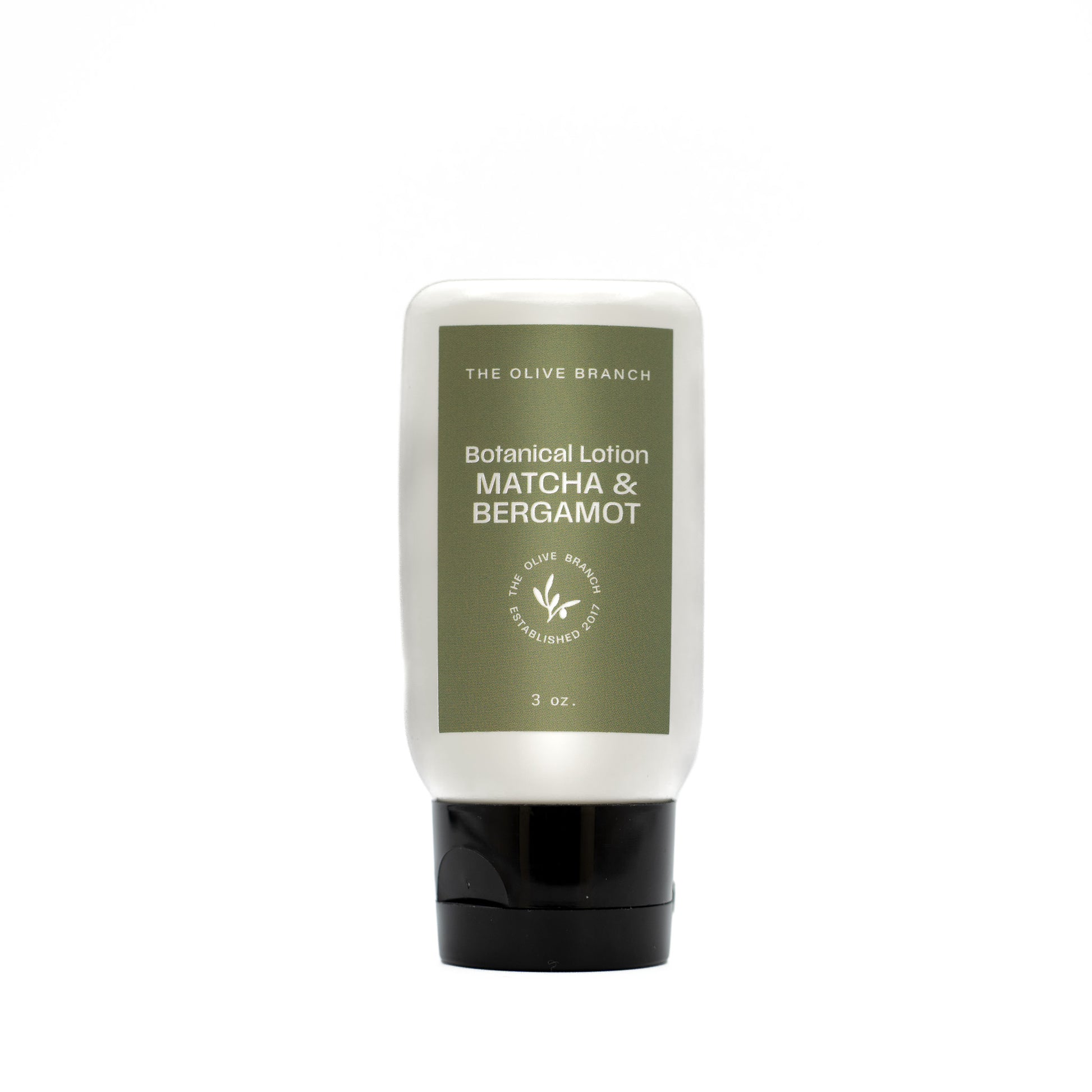 Matcha & Bergamot botanical lotion bottle on a white background.