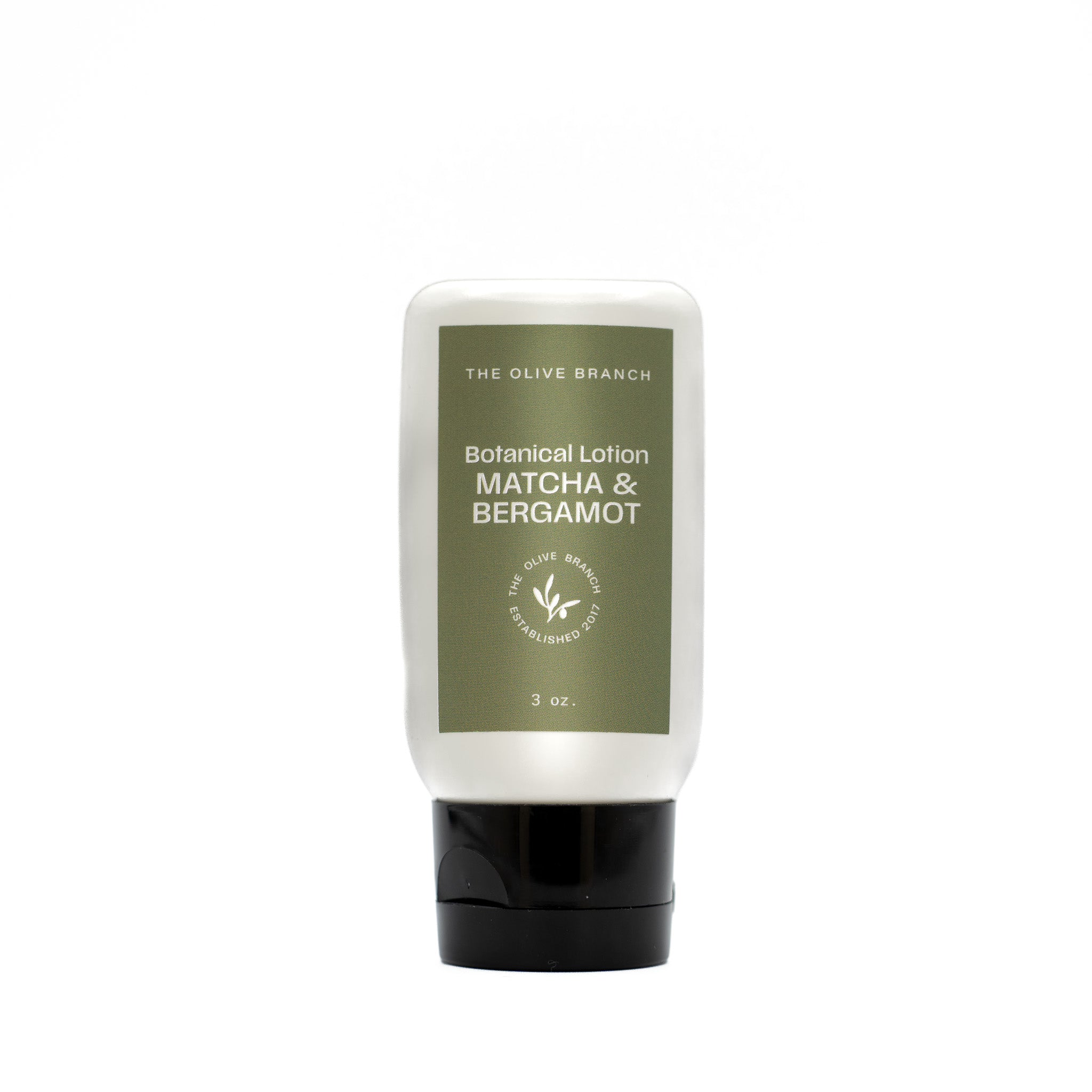 Matcha & Bergamot botanical lotion bottle on a white background.