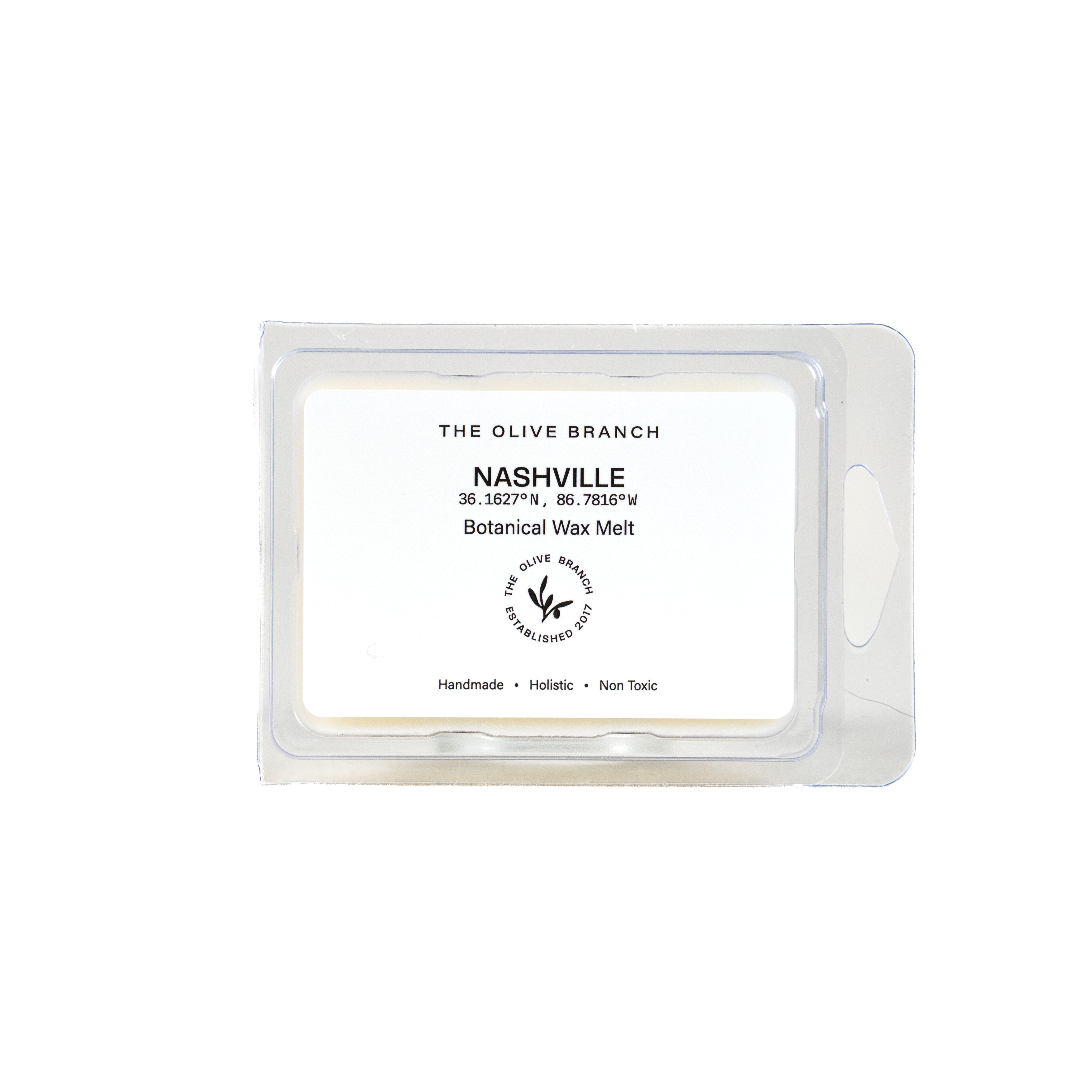 Botanical wax melt packaging labeled 'Nashville' by The Olive Branch on a white background