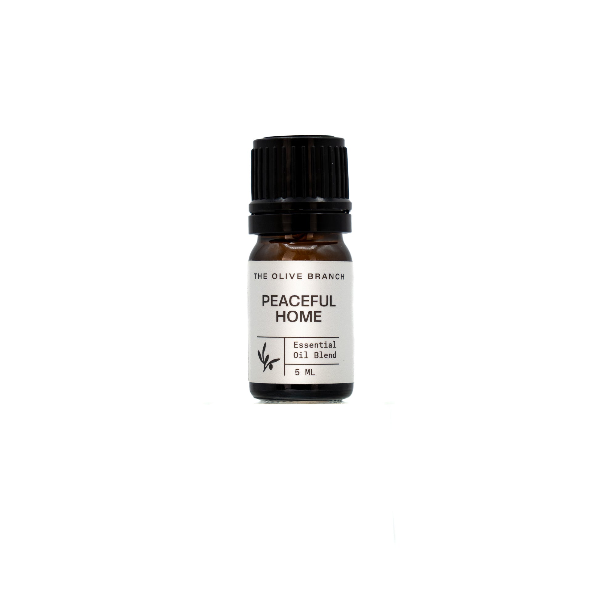 Small essential oil bottle labeled 'Peaceful Home' on a white background