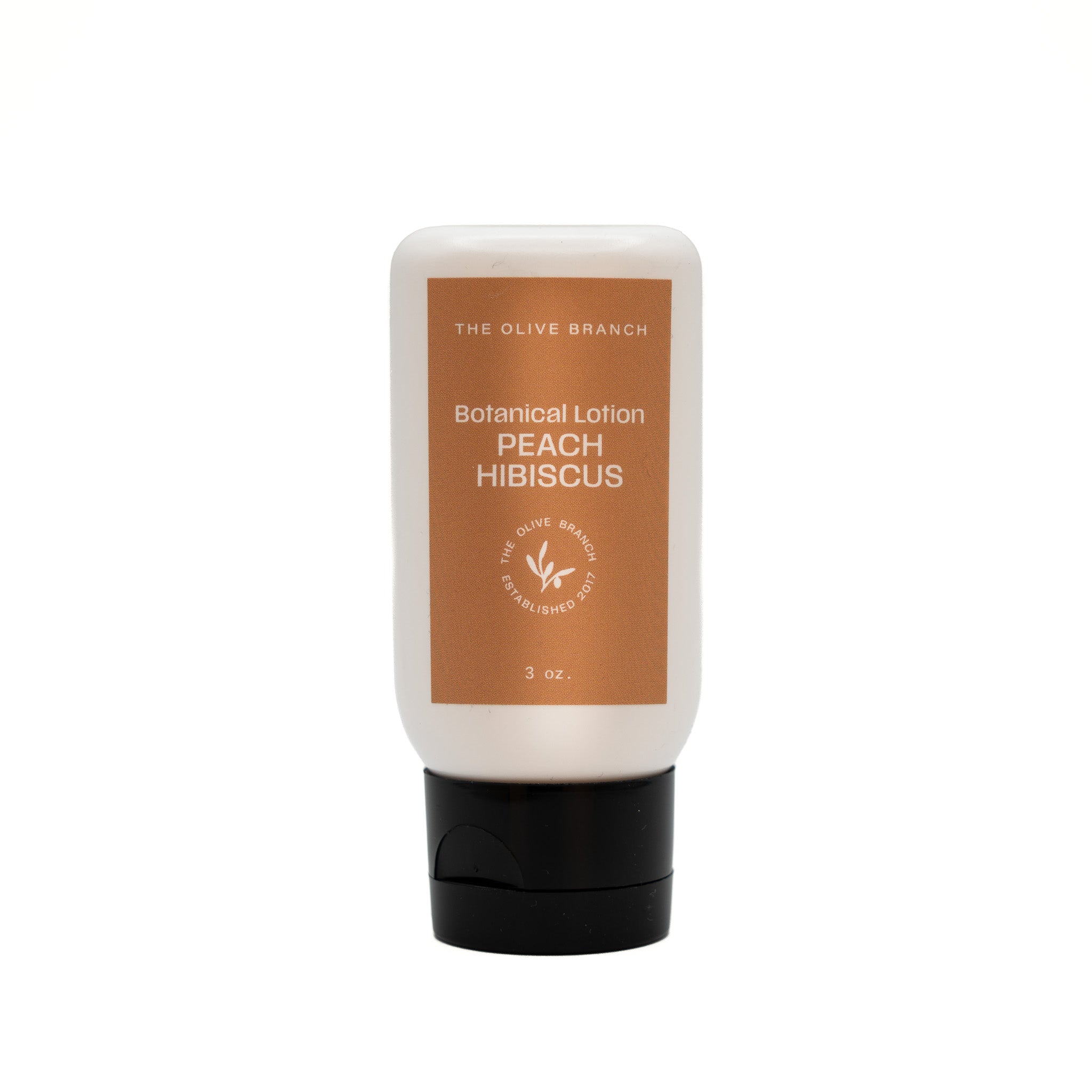 Botanical lotion bottle labeled 'Peach Hibiscus' by 'The Olive Branch' on a white background