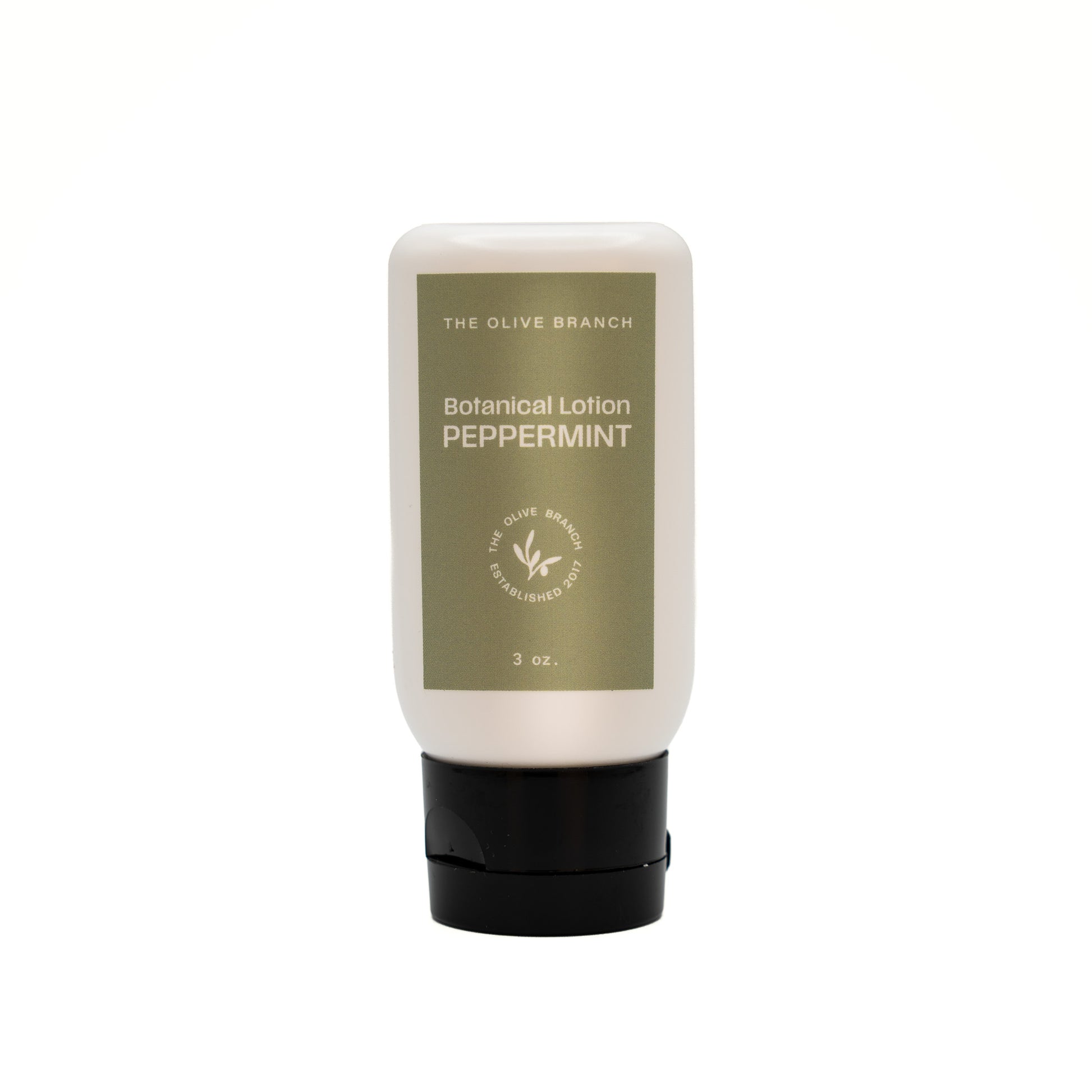 Peppermint botanical lotion bottle with green label on a white background