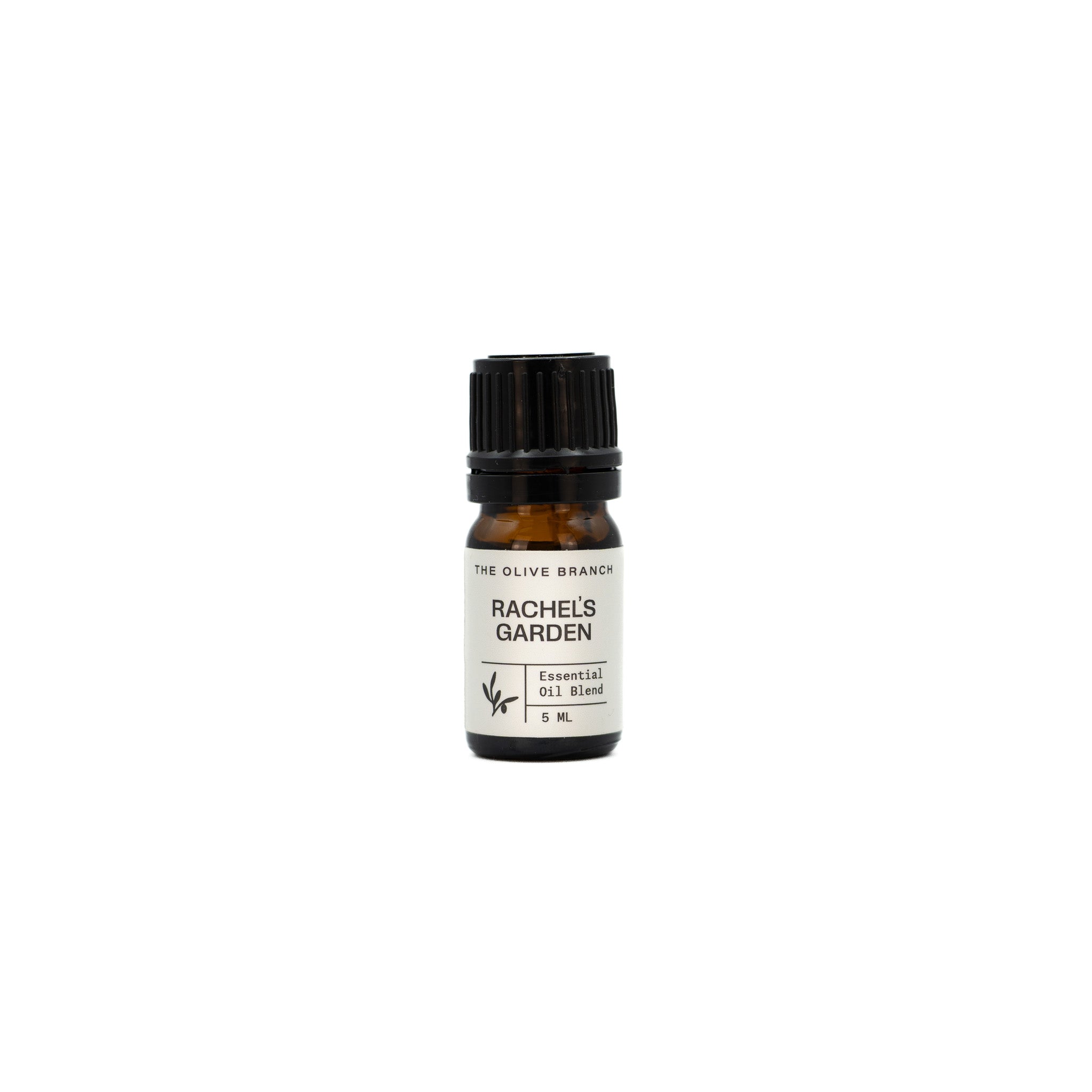 Bottle of 'Rachel's Garden' essential oil on a white background