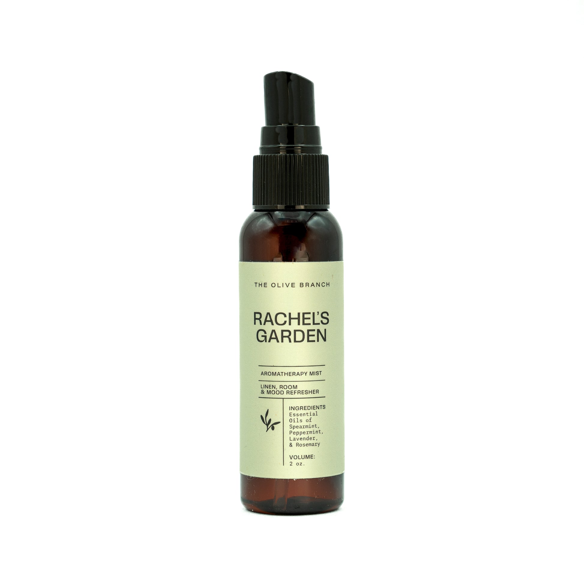 Bottle of 'The Olive Branch' aromatherapy mist 'Rachel's Garden' on a white background
