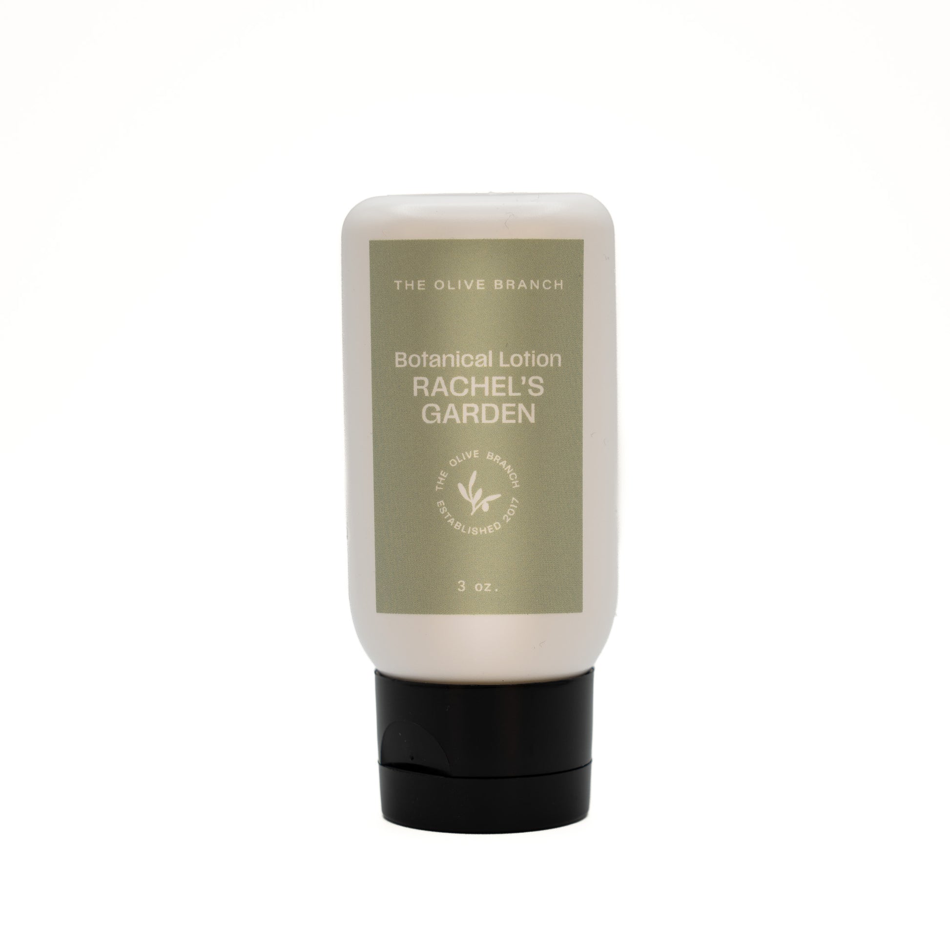 Bottle of the 'Olive Branch's' 'Rachel's Garden' Botanical Lotion.