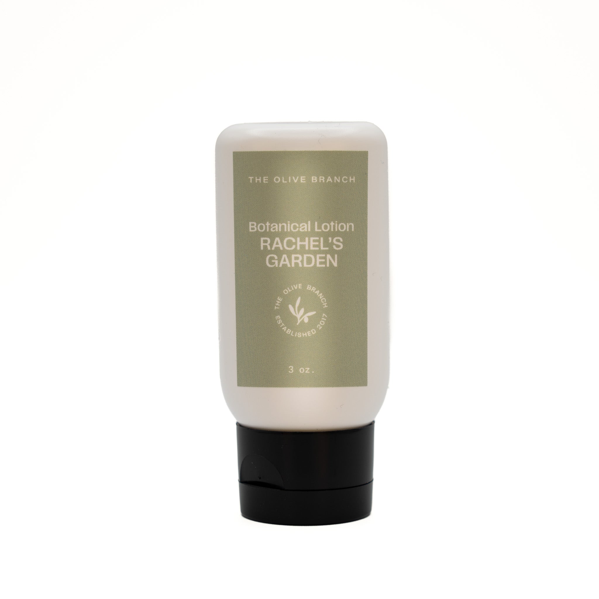 Bottle of the 'Olive Branch's' 'Rachel's Garden' Botanical Lotion.