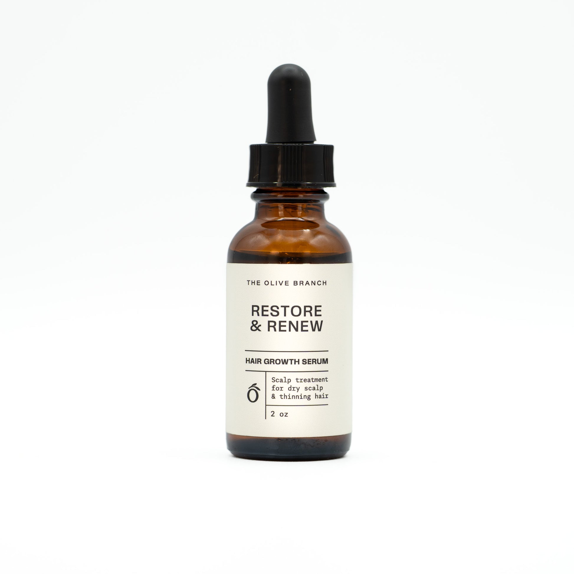 Hair growth serum bottle labeled 'Restore & Renew' on a white background