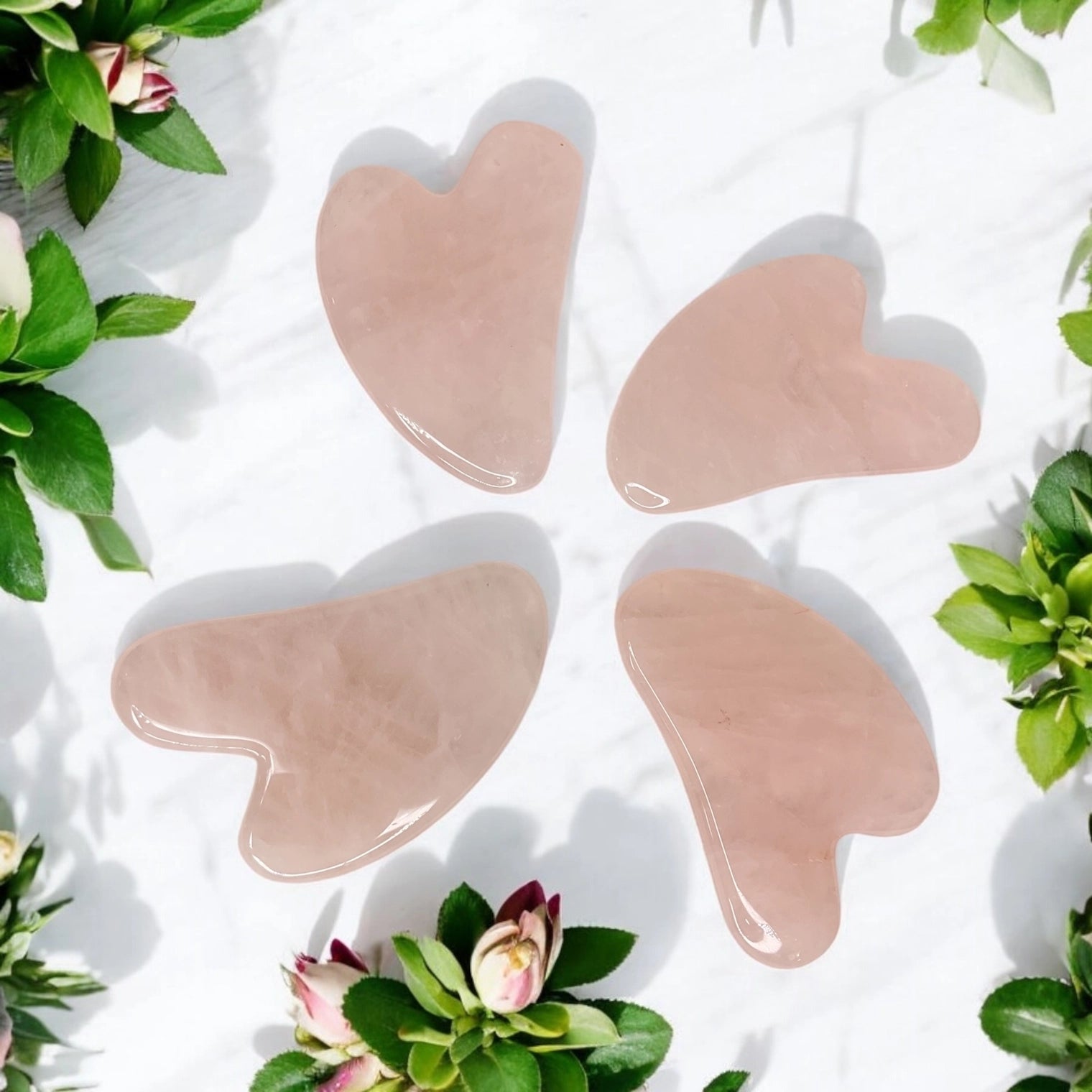 Rose Quartz gua sha stones arranged in a circle.