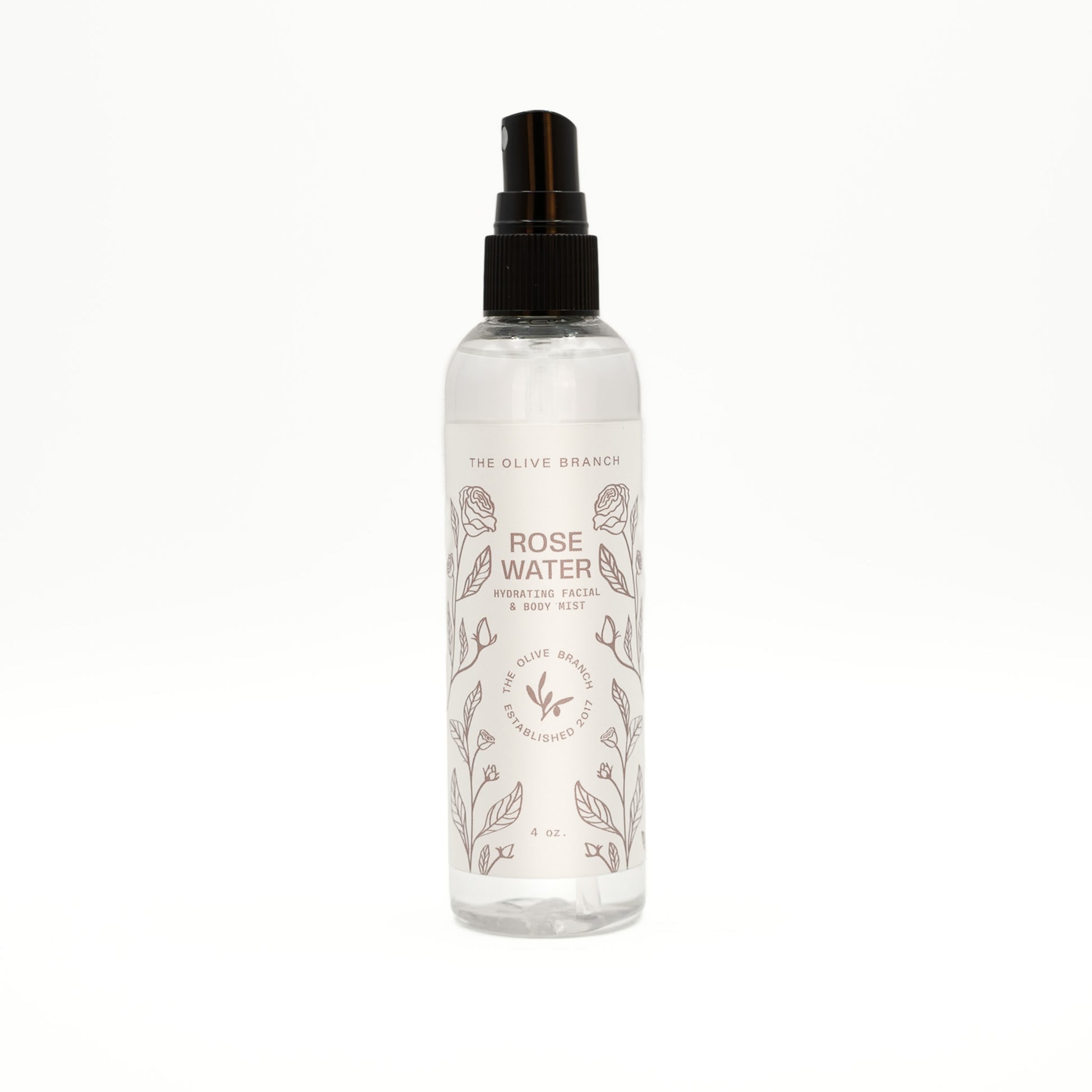 Rose water spray bottle with branding on a white background