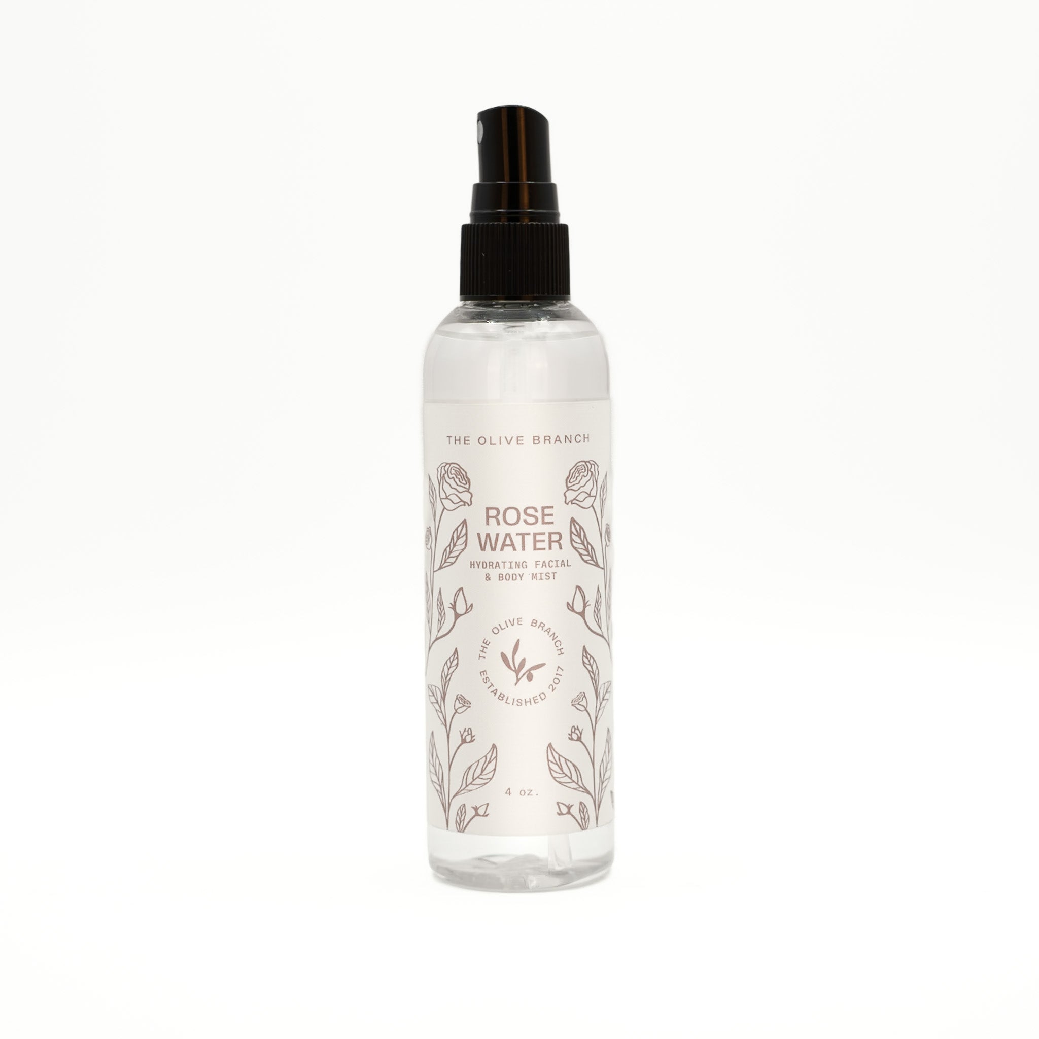 Rose water spray bottle with branding on a white background