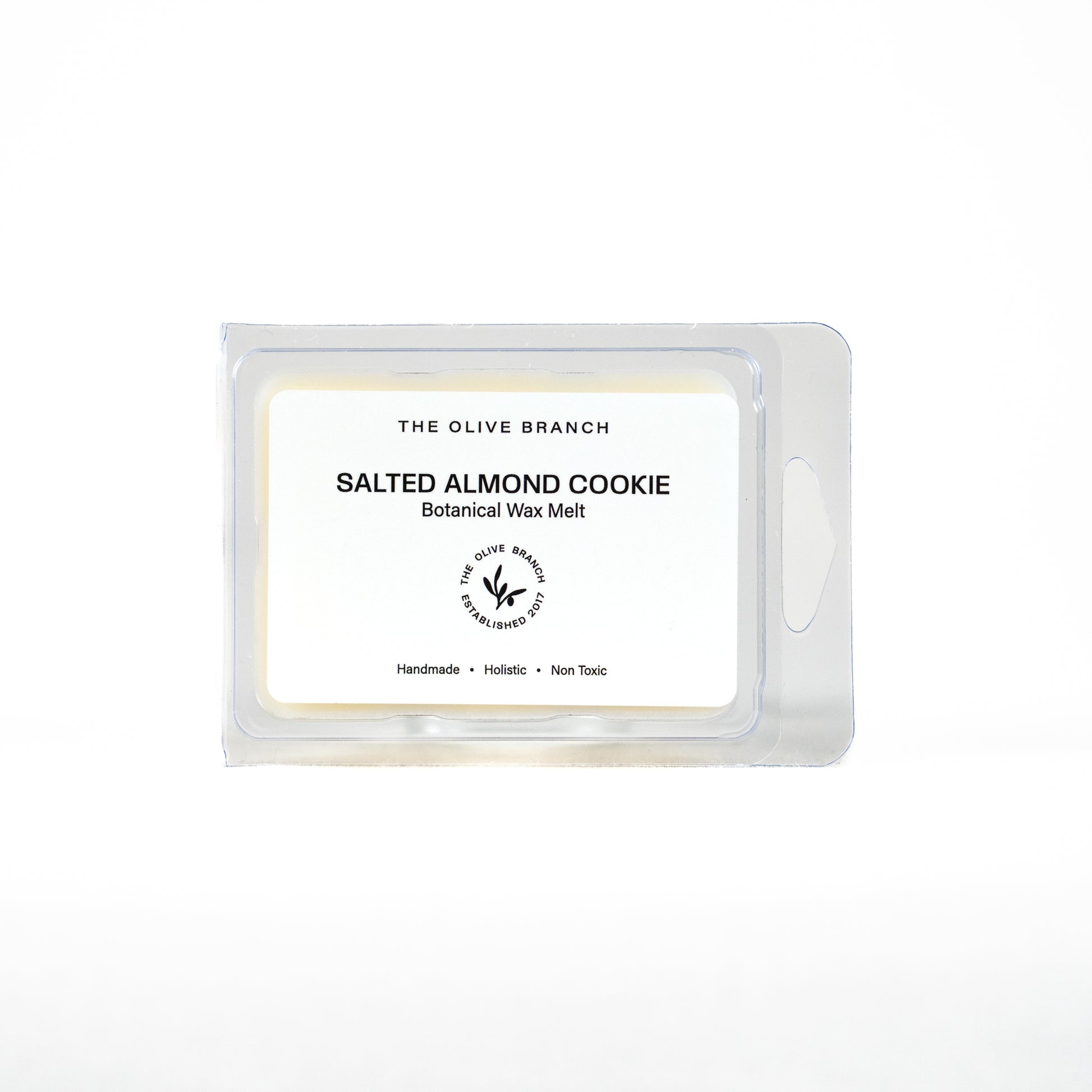 Salted Almond Cookie wax melt packaging with 'The Olive Branch' branding on a white background