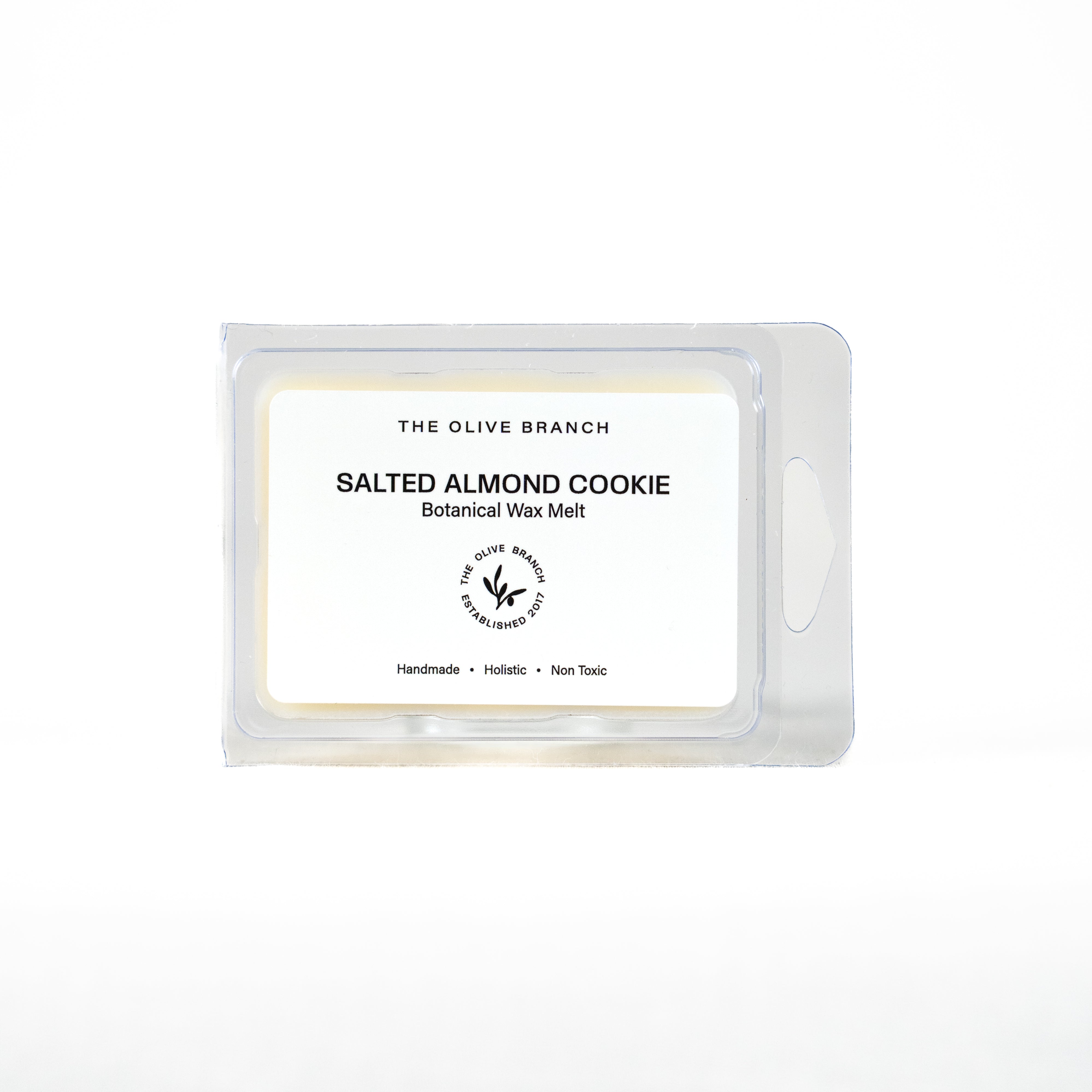 Salted Almond Cookie wax melt packaging with 'The Olive Branch' branding on a white background
