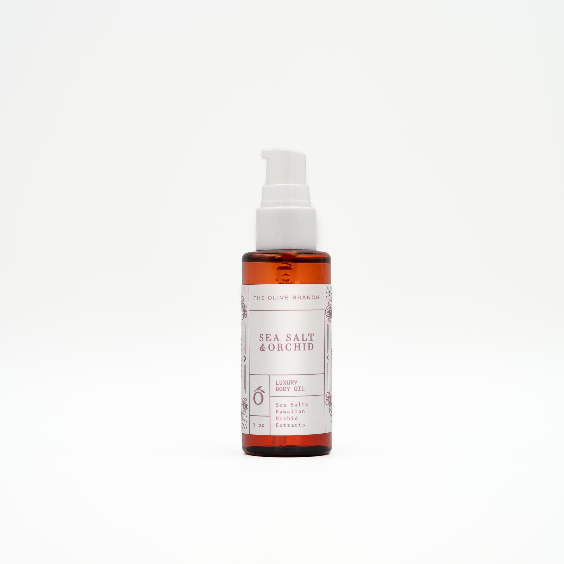 Bottle of 'Sea Salt & Orchid' luxury body oil product on a white background