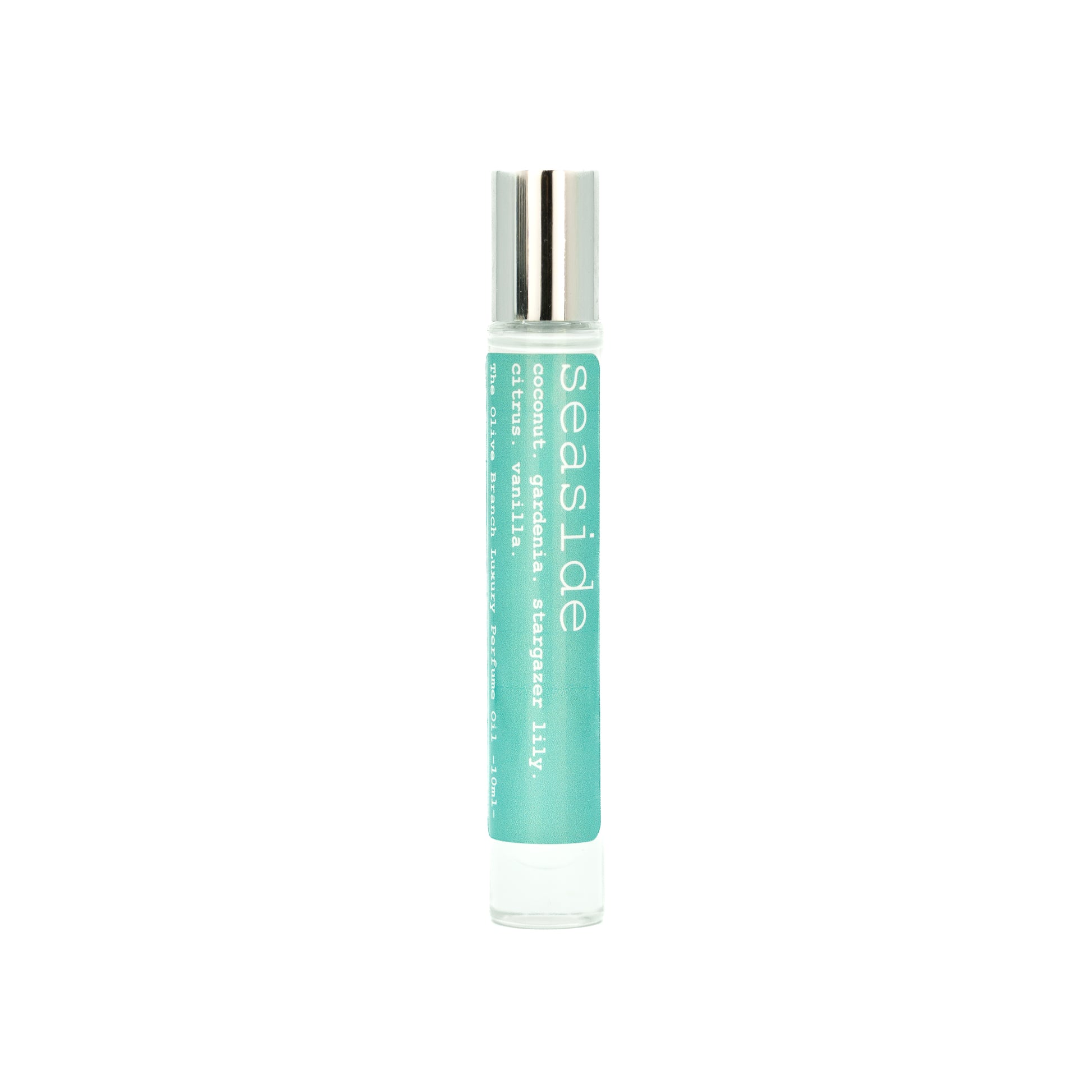 Roll-on luxury perfume bottle labeled 'seaside' on a white background