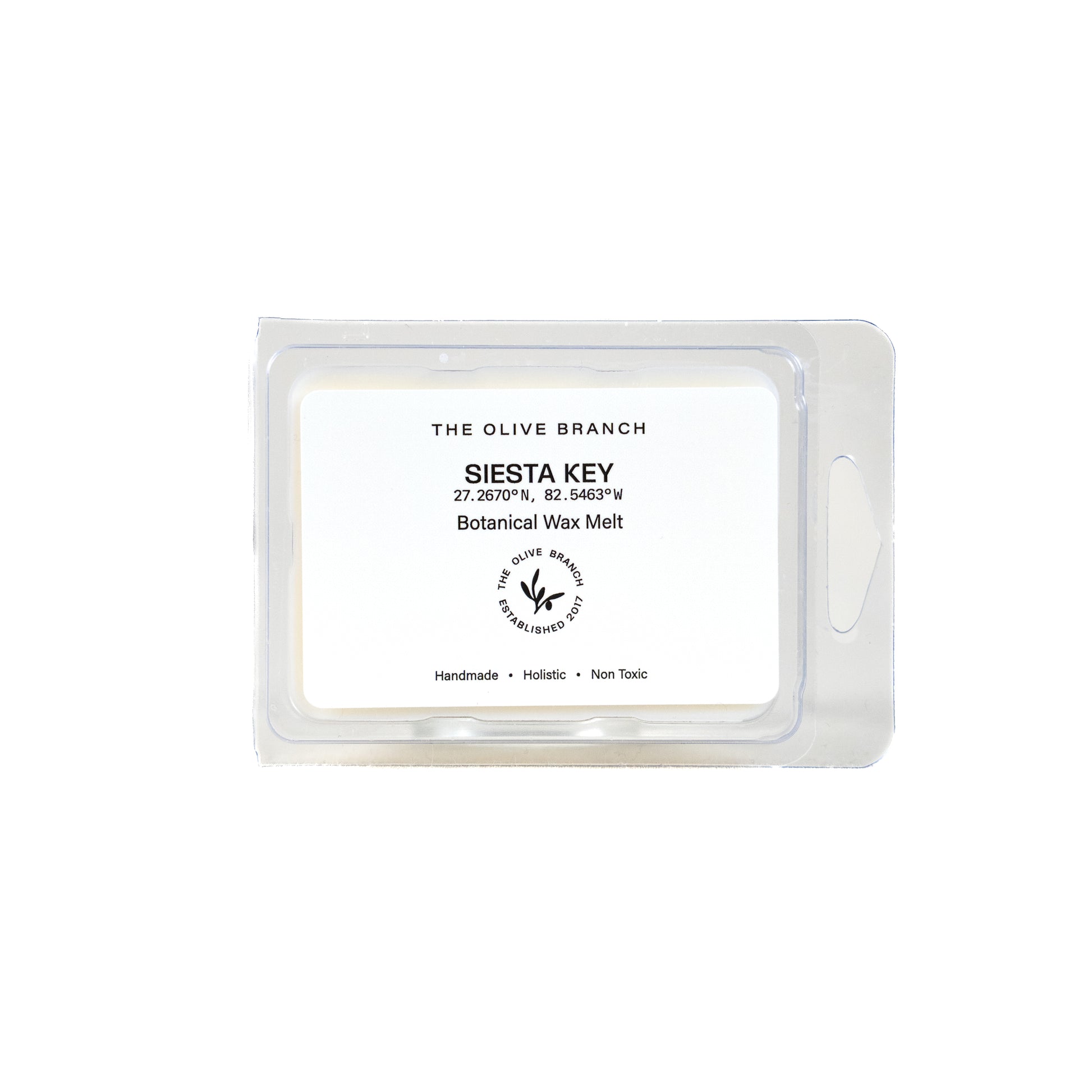 Botanical wax melt packaging labeled 'Siesta Key' by 'The Olive Branch' on a white background.