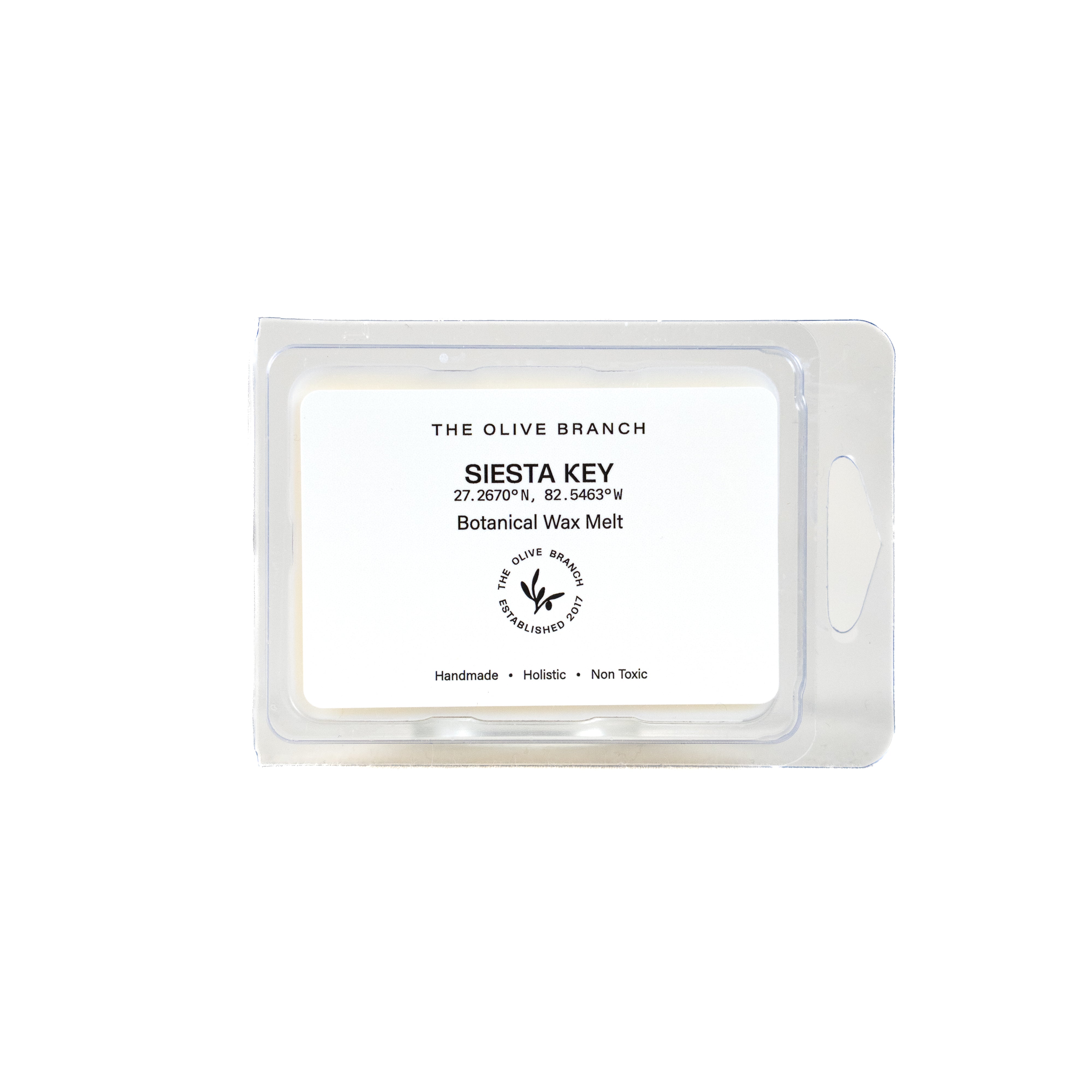 Botanical wax melt packaging labeled 'Siesta Key' by 'The Olive Branch' on a white background.